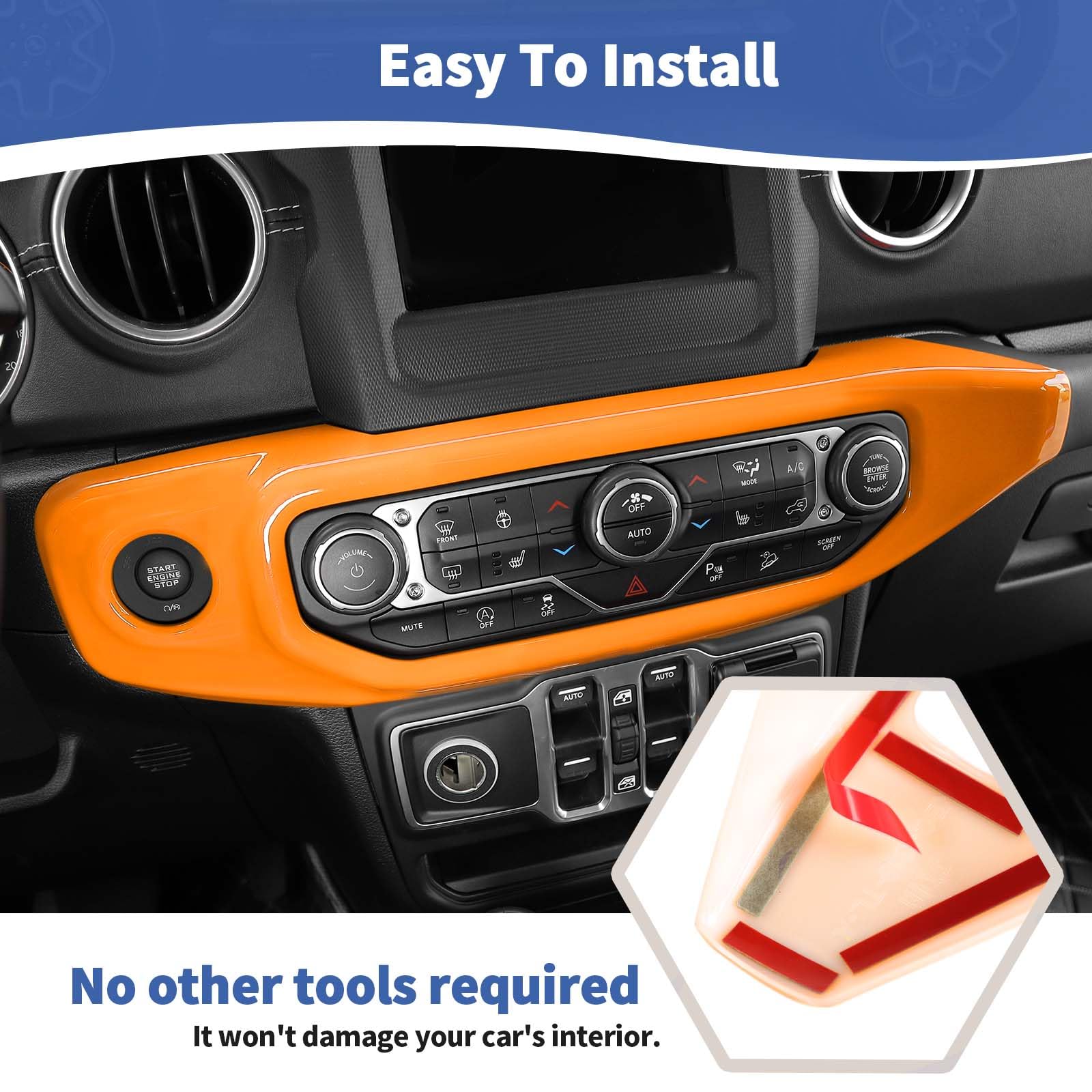 Jeep Wrangler JL JLU & Gladiator JT (2018-2023) Orange Center Dash AC Control Panel Trim Cover - RT-TCZ Interior Accessories for Enhanced Style & Protection - Perfect for Off-Roading & Customization