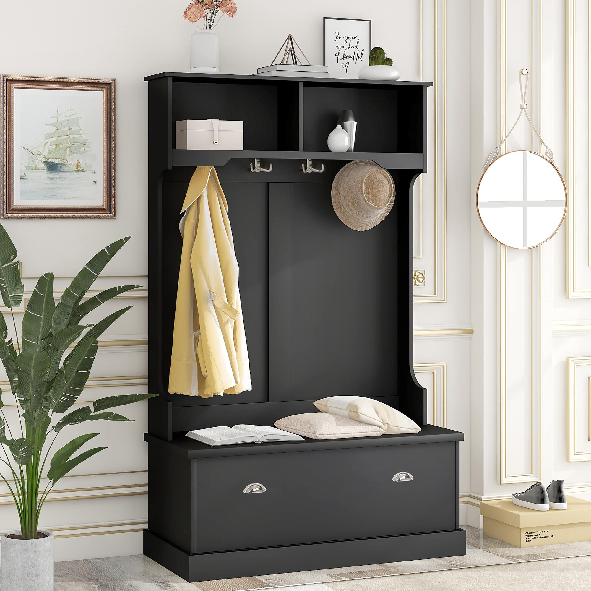 Goujxcy 3-in-1 Entryway Hall Tree with Storage Bench - Modern Coat Rack & Shoe Storage Cabinet with Top/Bottom Shelves - Space Saving Entryway Organizer for Living Room, Hallway, Foyer (Black) - Perfect for Small Spaces & Home Organization