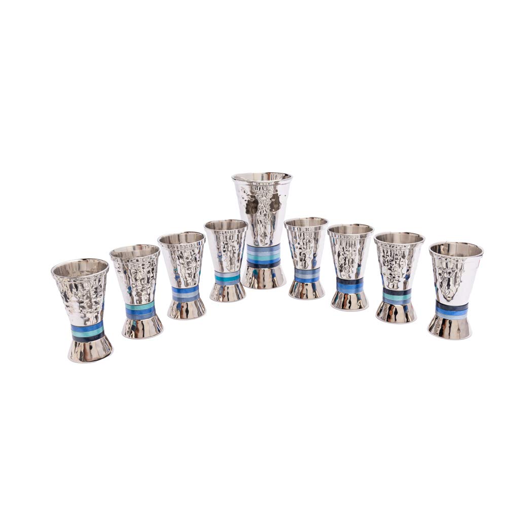 Hammered Nickel Kiddush Fountain with Cone Shaped Cups - Elegant Blue Ring Design for Jewish Holiday Rituals & Shabbat Celebrations