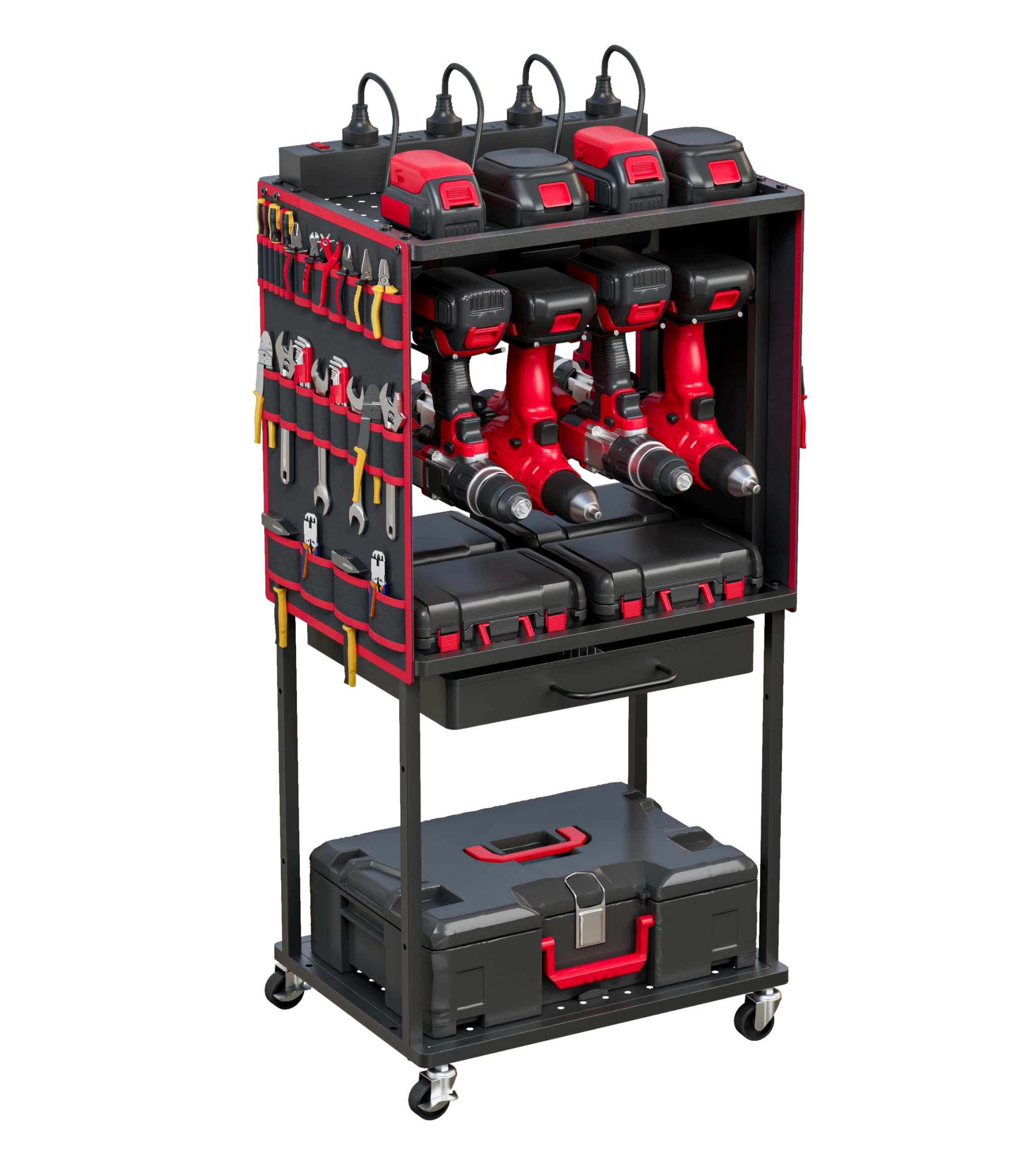 Heavy-Duty Power Tool Organizer Cart with 8-Outlet Charging Station | Mobile Tool Storage with DIY Drawer, Wheels & Power Strip | Utility Rack for Power Tools, Batteries & Repair Equipment (Red) | Perfect for Garage Workshops, Construction Sites & DIY Projects