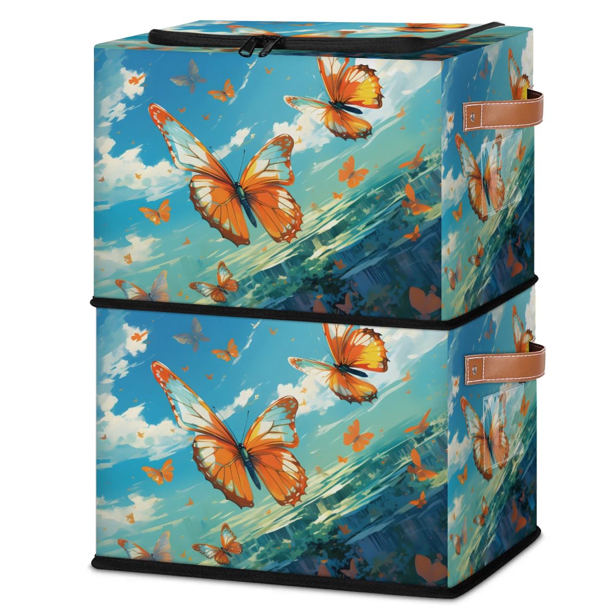 Agile Butterflies Storage Boxes with Sturdy Handles - 2 Pack Zippered Storage Bins for Clothes, Toys & Home Organization | Durable Fabric Storage Baskets with Zipper Lid for Bedroom, Nursery, Closet & Travel