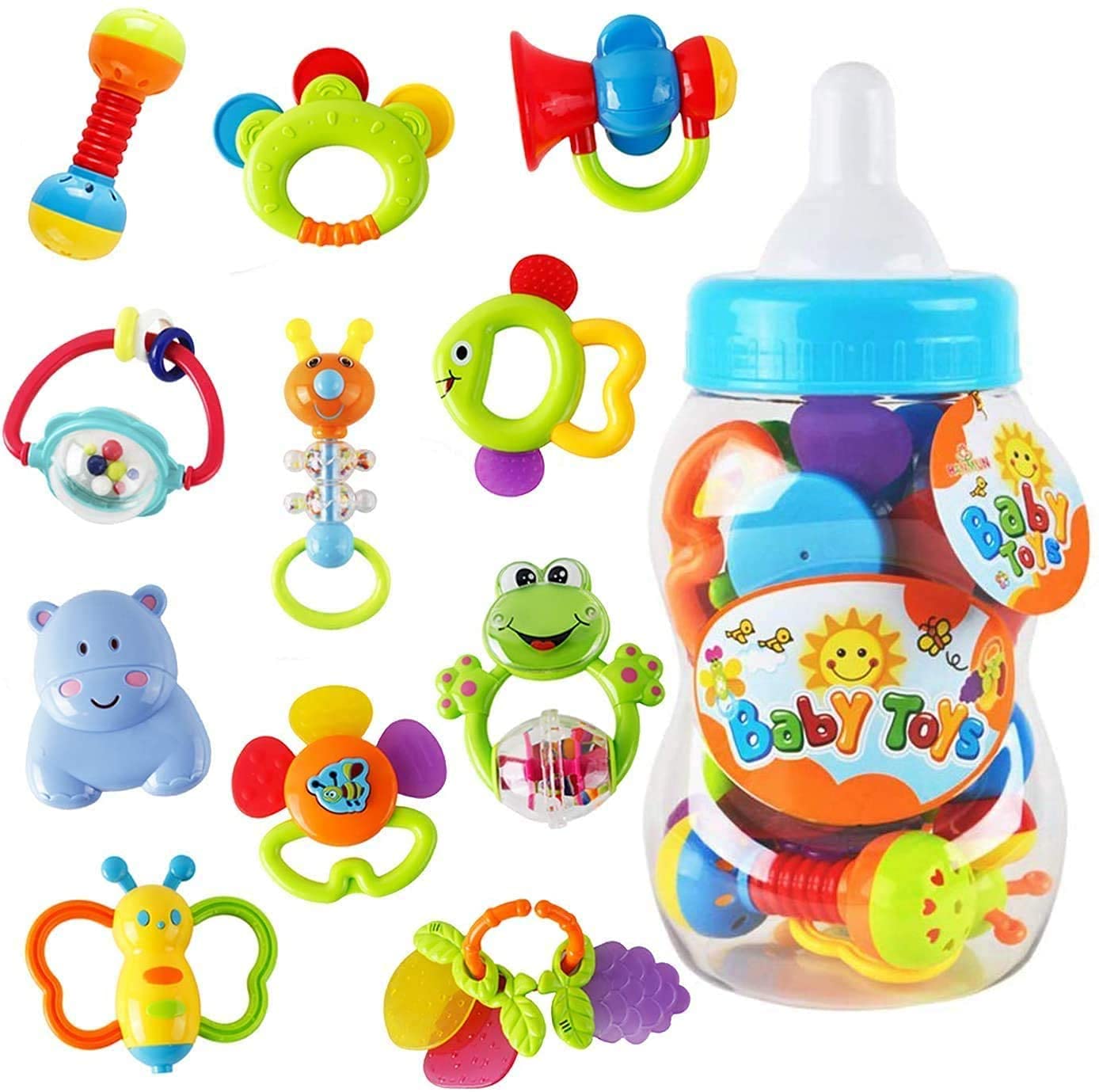 WISHTIME Baby Rattles & Teethers - 11pcs Infant Toys for 0-12 Months | Hand Development & Giant Bottle for Girls & Boys | Perfect Newborn Gifts & Playtime