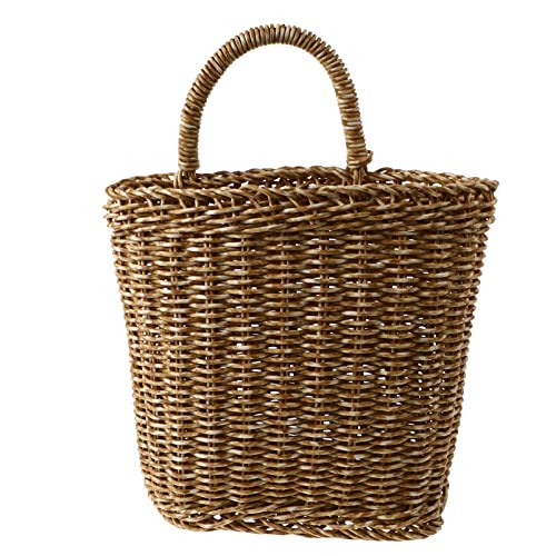 Eco-Friendly Woven Straw Trash Can - Small Hanging Waste Basket for Bedroom, Office & Home - Handmade Wicker Garbage Bin with Handle - Brown Dotting Design - Perfect for Waste Disposal in Dorm, Bathroom & Workspace