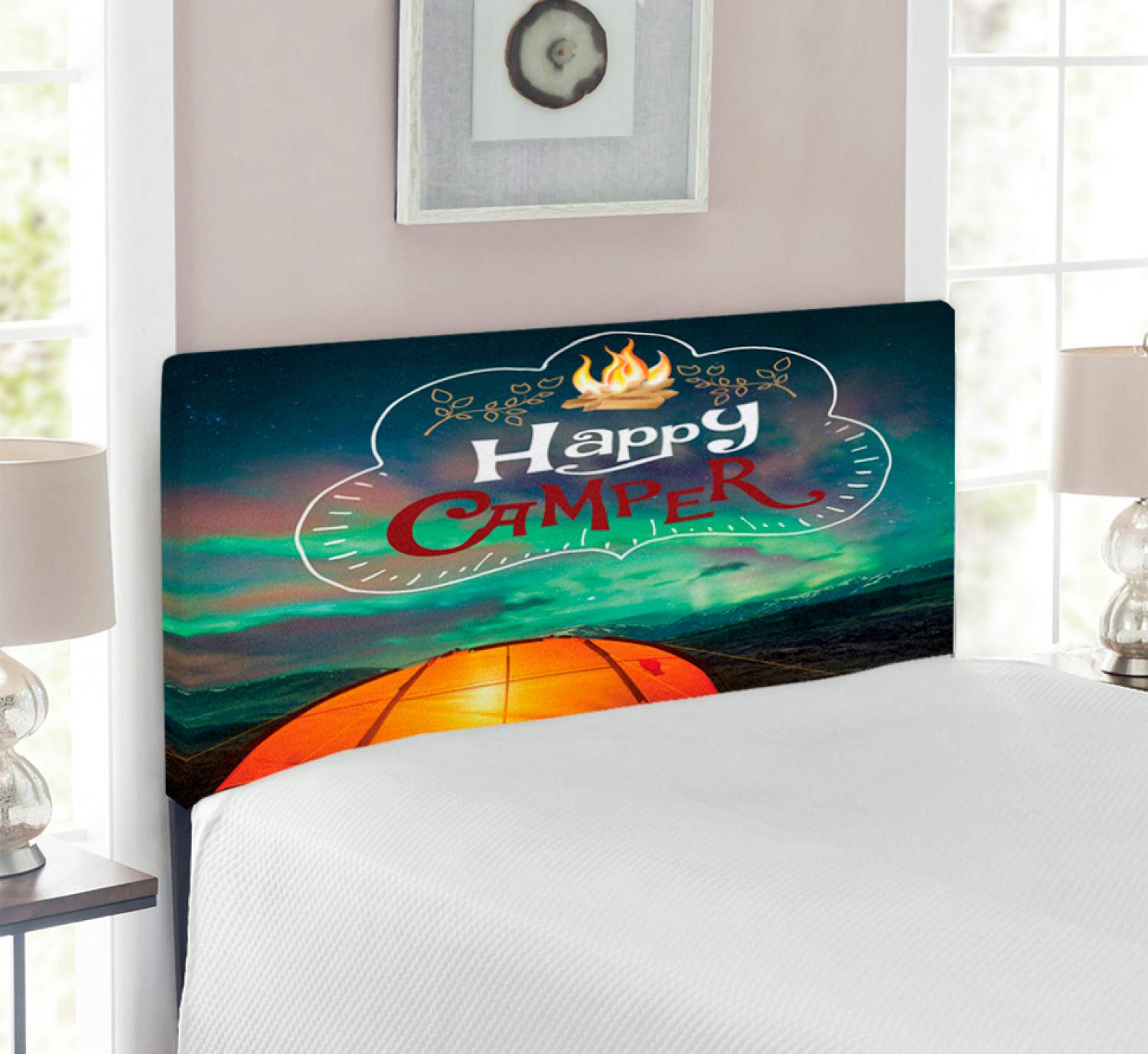 Ambesonne Happy Camper Headboard - Northern Lights Night Sky & Campfire Tent Design, Upholstered Metal Bed Frame with Memory Foam - Twin Size Multicolor Nature-Themed Decor | Perfect for Kids' Rooms, Camping-Themed Bedrooms & Cozy Cabin Retreats