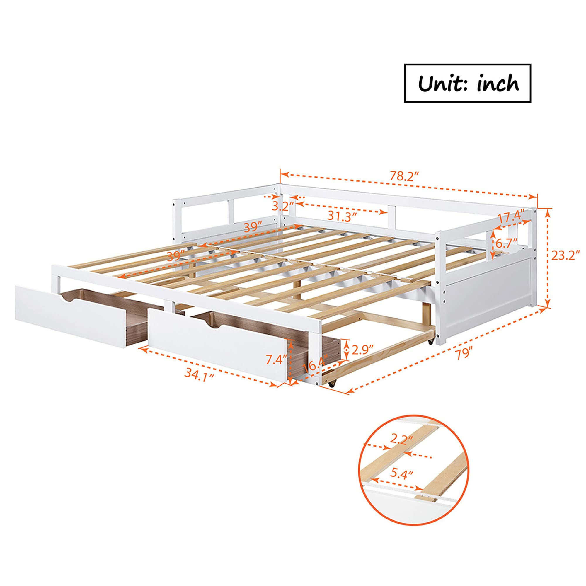 P PURLOVE White Wooden Extendable Daybed with 2 Storage Drawers - Convertible Sofa Bed for Small Spaces, Guest Room & Living Room - Perfect for Apartments, Dorms & Home Offices