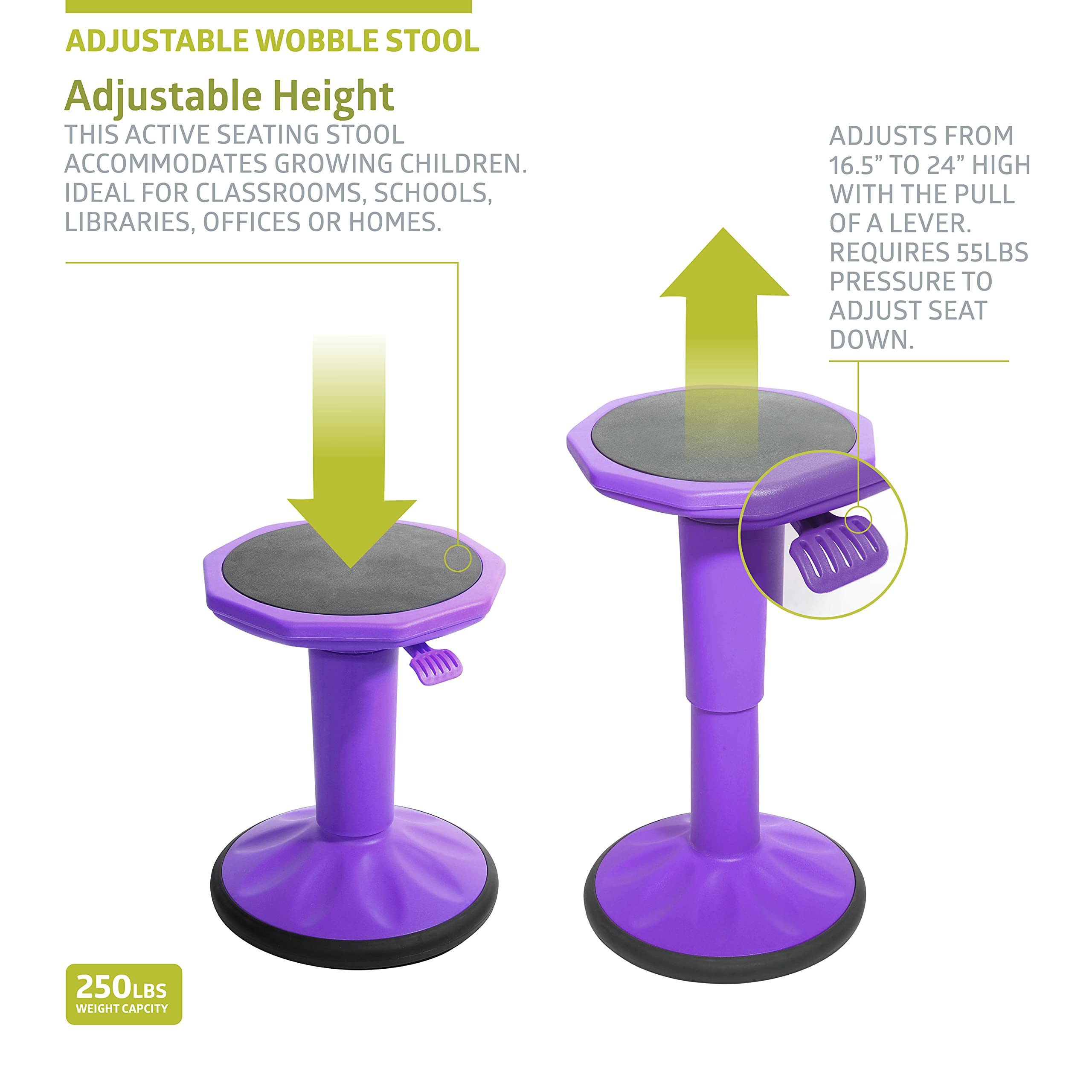 Pearington SitFree Height Adjustable Wobble Stool - Active Flexible Seating Chair for Kids & Adults - Ergonomic Office & School Chair - Purple - Perfect for Home Office, Classroom & ADHD Focus