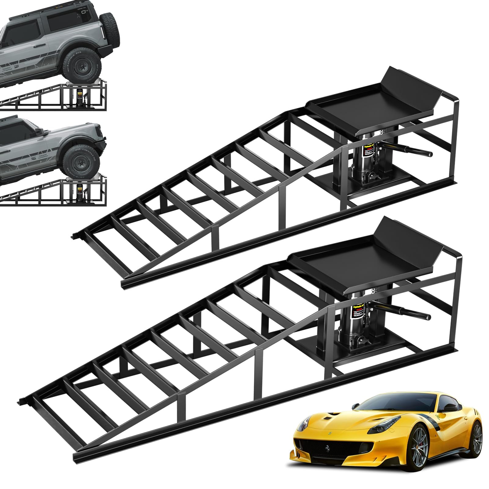 2Pcs Heavy Duty 10000lbs Capacity Hydraulic Car Ramps - Portable Auto Lift for Home Garage, Oil Changes & Vehicle Maintenance (Black) | Ideal for DIY Car Repairs, Tire Rotations & Underbody Inspections