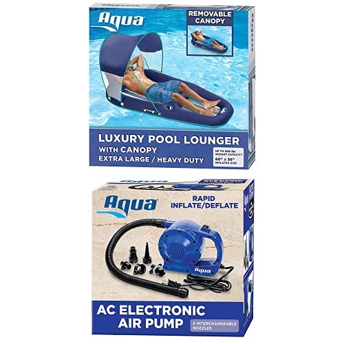**Aqua Oversized Inflatable Pool Lounger with UPF 50 Sunshade Canopy – Heavy Duty XL Floating Raft for Adults (Navy/Aqua/White Stripe) – Includes 110V AC Electric Air Pump & 3 Nozzle Attachments – Perfect for Pool, Beach, Lake & Summer Relaxation**