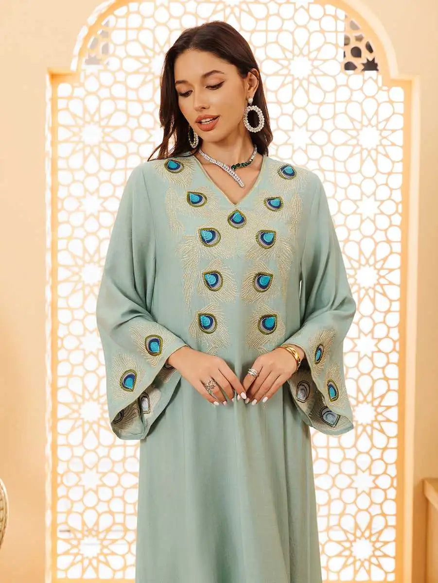 Elegant Eid Embroidery Caftan Dress for Women - Luxury Moroccan Kaftan & Jalabiya for Wedding, Party & Special Occasions - Perfect for Eid Celebrations, Bridal Showers & Evening Events