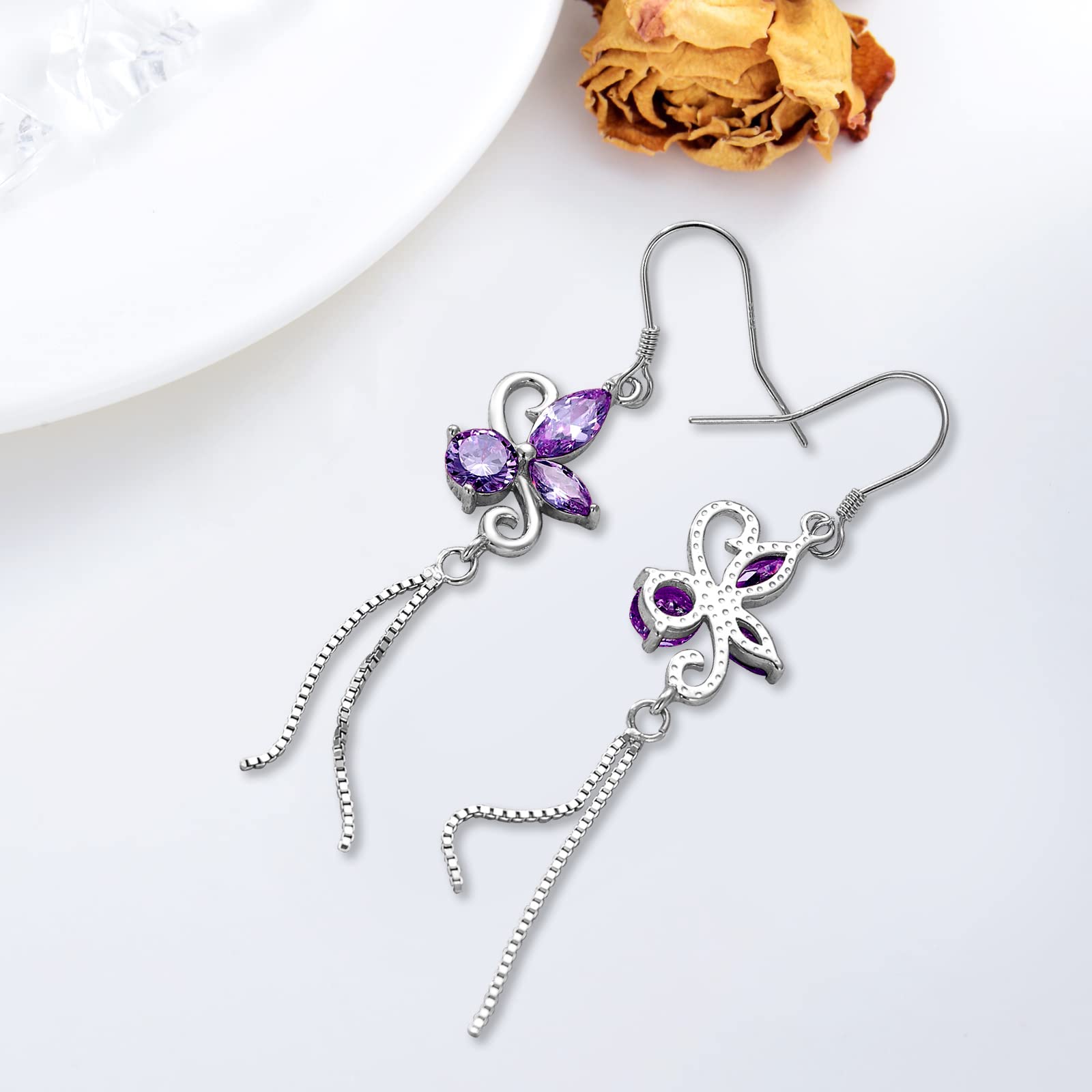 925 Sterling Silver Butterfly Dangle Drop Earrings with Birthstone - Elegant Jewelry Gift for Women, Wife, Girlfriend | Christmas, Birthday, Anniversary Present | Perfect for Parties, Weddings & Special Occasions
