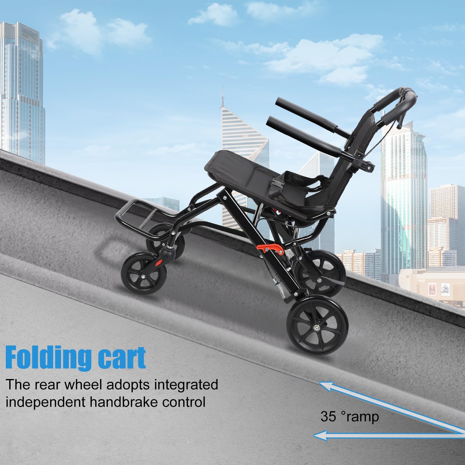 Lightweight Portable Folding Wheelchair for Adults & Elderly - Compact Travel Transport Chair with Easy Fold Design (Black) - Ideal for Air Travel, Shopping & Outdoor Activities