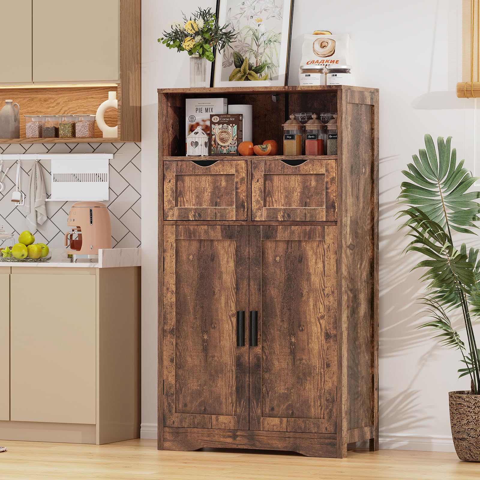 Iwell 2-Drawer Storage Cabinet with Adjustable Shelves, Rustic Brown Cupboard for Living Room, Home Office - Organize Clothes, Books & Home Essentials