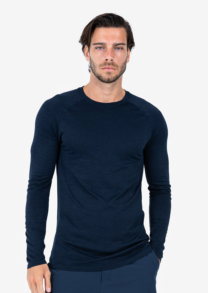 Men's Seamless Long Sleeve T-Shirt - Navy Melange Color - Comfortable Stretch Fit for Workout, Gym & Casual Wear