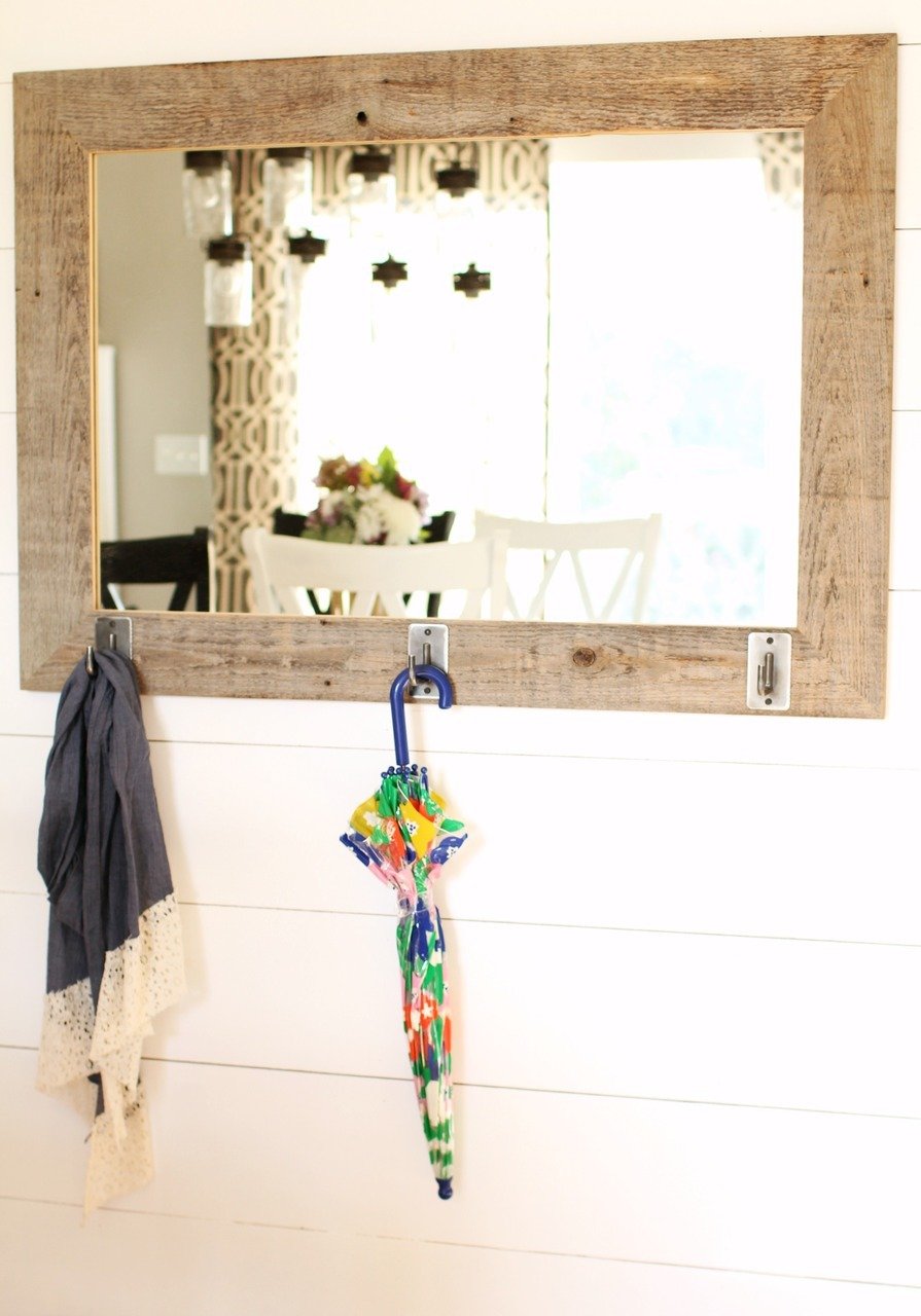 Rustic Reclaimed Barn Wood Mirror with Iron Hooks - Coat Rack 30x42