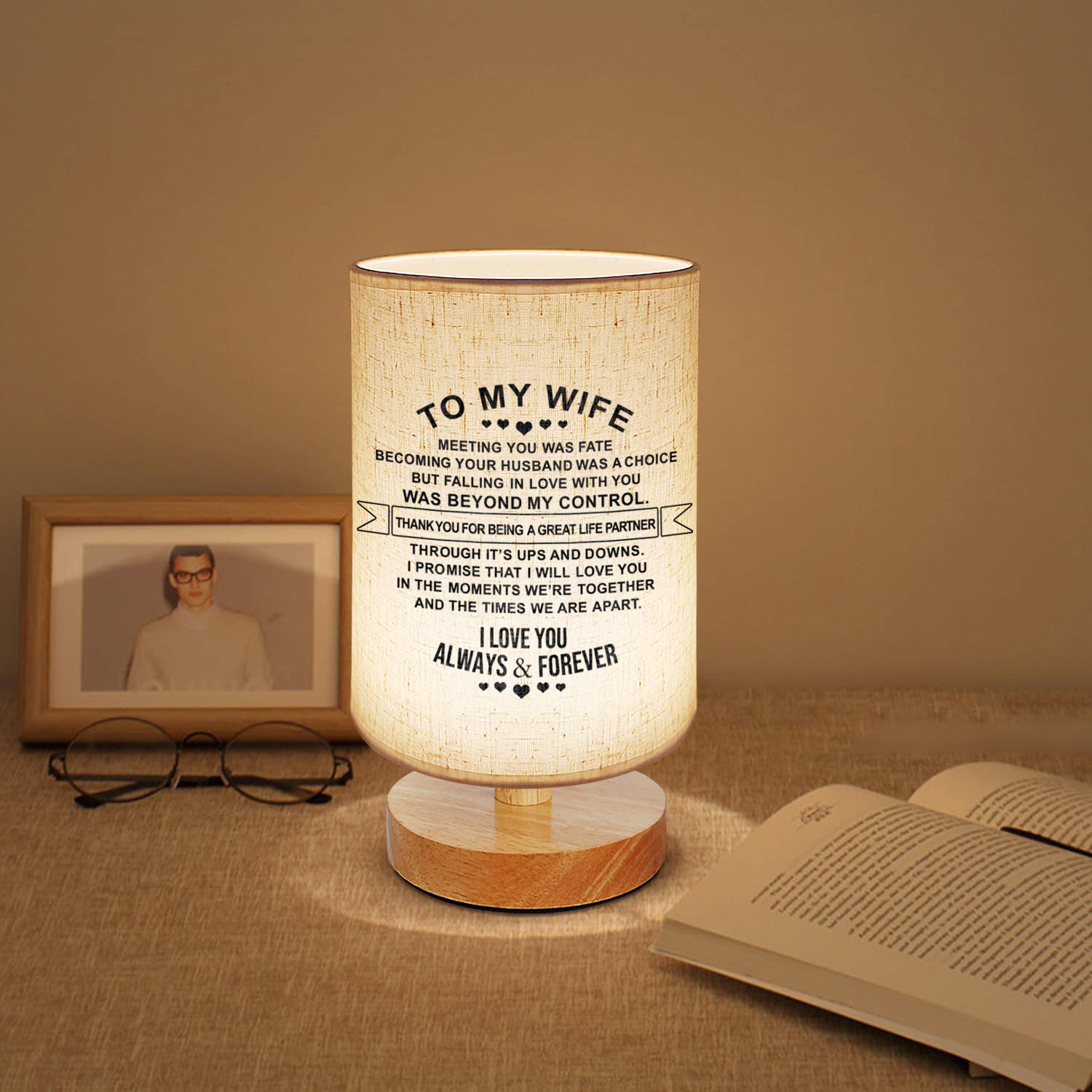 **Personalized Engraved Table Lamp - Dimmable Bedside Nightstand Lamp with Fabric Shade, Perfect for Bedroom, Living Room & Office - Best Anniversary & Birthday Gift for Wife (Husband to Wife Gift Idea)**