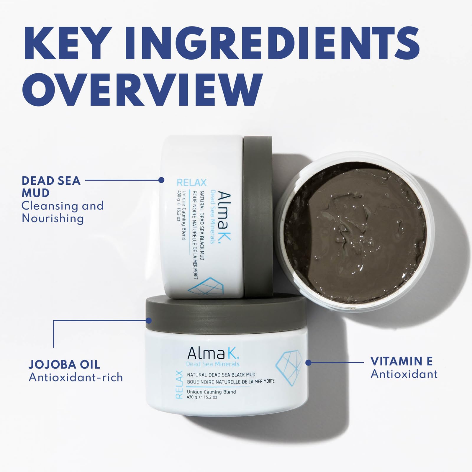 ALMA K Natural Dead Sea Black Mud Mask - Organic Deep Cleansing & Detoxifying Facial & Body Mask for Women & Men - 15.2 oz - Perfect for Spa Days, Acne Treatment & Skin Rejuvenation