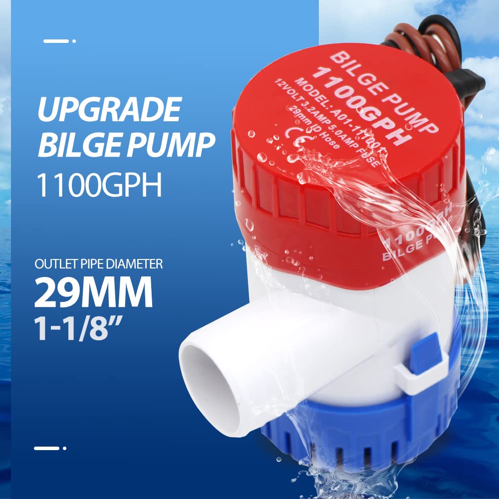 1100GPH 12V Electric Bilge Pump - Ultra Quiet Submersible Water Pump for Boats, Yachts, RVs & Pools | Marine Bilge Pump for Flood Control, Deck Drainage & Water Transfer