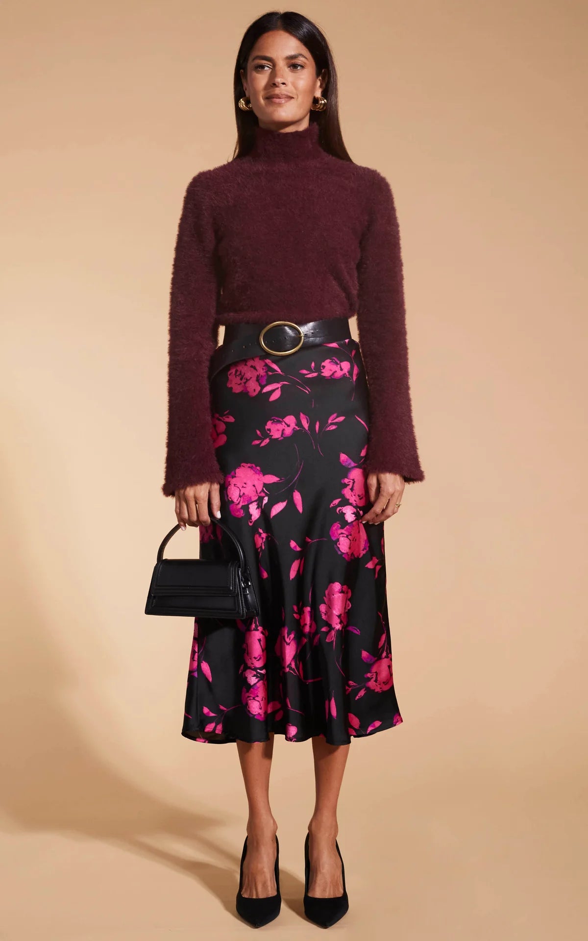 Lotus Floral Print Skirt - Pink on Black A-Line Skirt for Women | Perfect for Summer Outfits, Beach Vacations & Boho Fashion