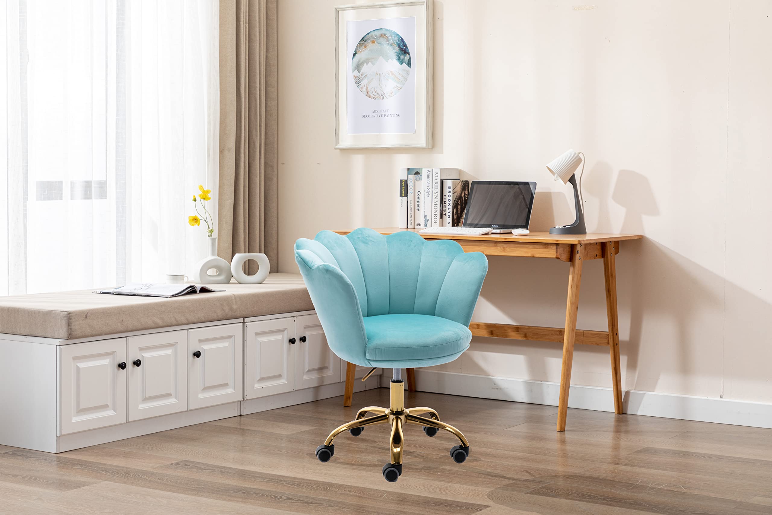 Ergonomic Modern Home Office Chair - Adjustable Swivel Desk Chair with Wheels for Work, Study & Makeup - Velvet Upholstered Task Chair for Living Room & Bedroom (Light Blue) - Perfect for Remote Work, Gaming & Vanity Areas