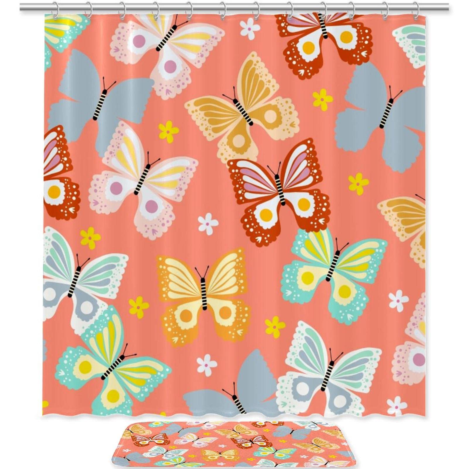 Colorful Butterfly Animal Print Shower Curtain Set - Waterproof Polyester Fabric with 12 Rust-Proof Hooks - Cute Bathroom Decor for Kids & Adults - Perfect for Nursery, Guest Bath or Farmhouse Style Bathrooms