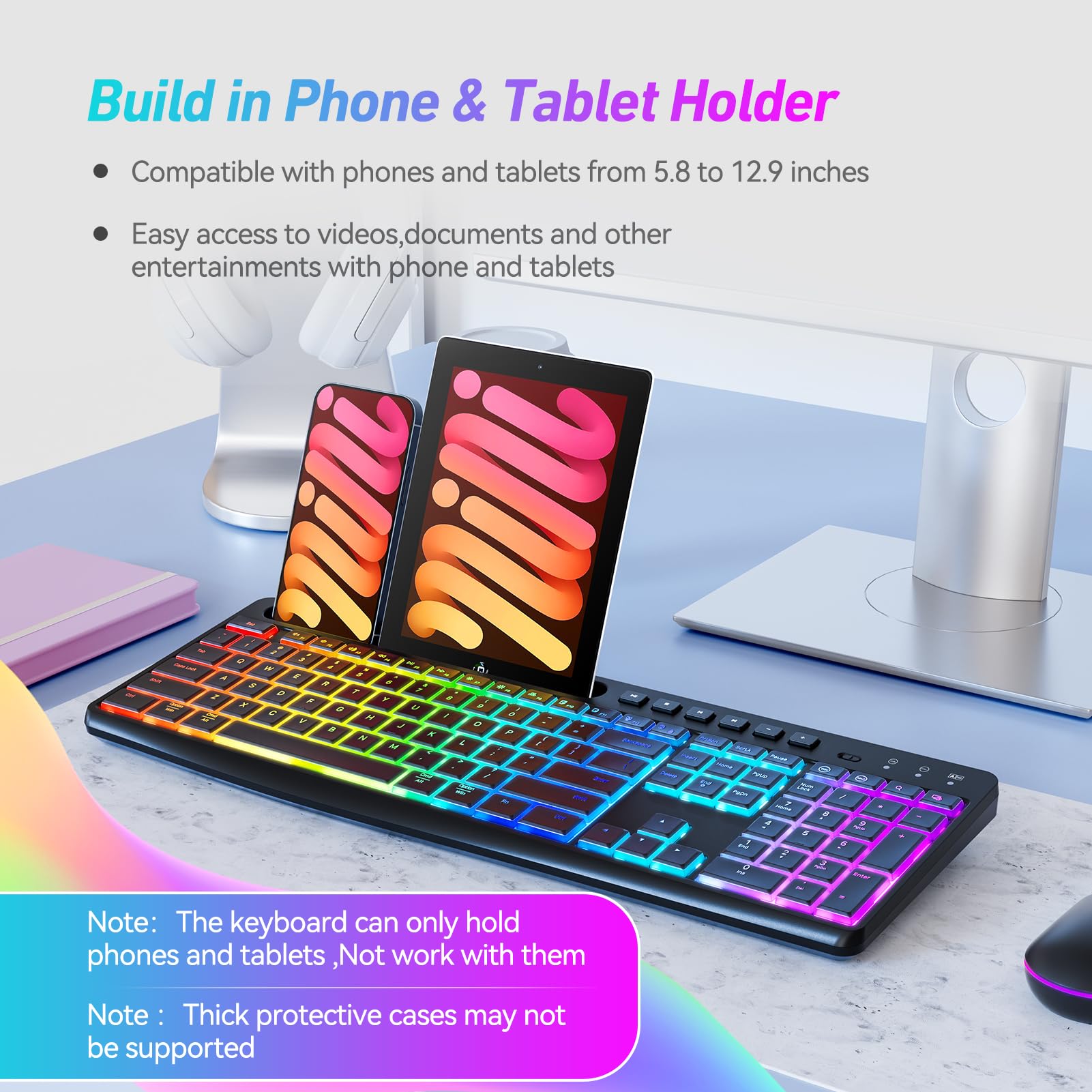 Wireless Keyboard and Mouse Combo with Backlit - 2.4Ghz Rechargeable RGB Backlit Keyboard & Mouse Set with Phone/Tablet Holder, 11 Shortcut Keys, Silent Click for PC, Mac, Windows - Perfect for Office Work, Gaming, and Home Computing