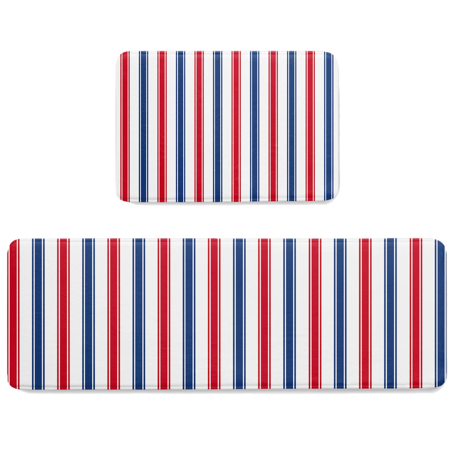 Possta Decor Non-Slip Kitchen Runner Rug Set - 2 Piece Soft Standing Mats with Fringes, Washable Red White Blue Striped Floor Mat for American Independence Day - Perfect for Kitchens, Entryways & High-Traffic Areas