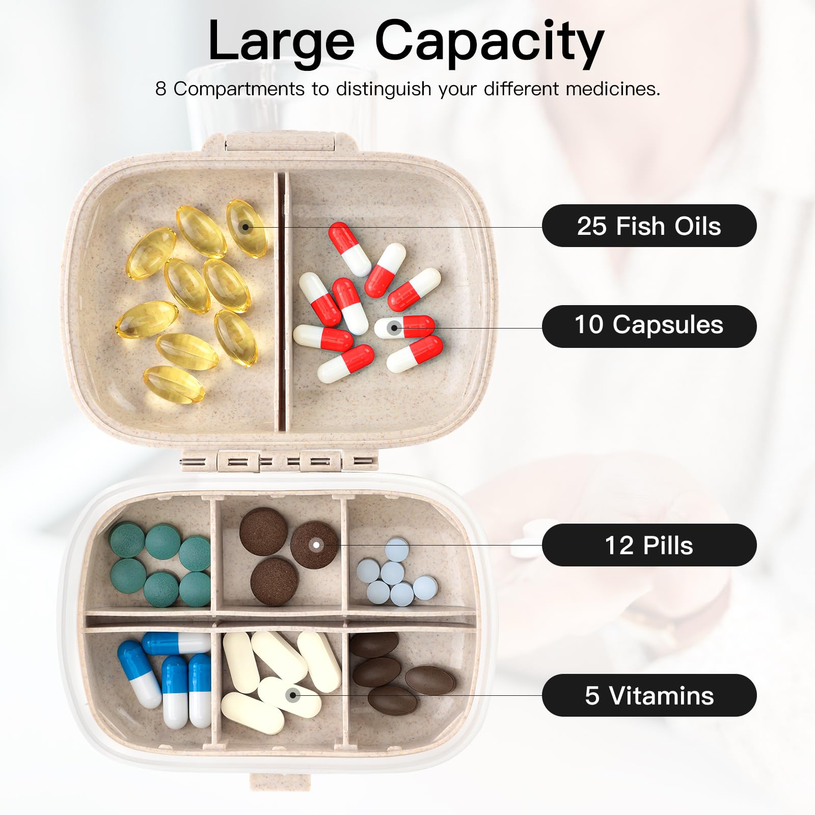 Soleebee 8-Compartment Portable Pill Organizer - Bling Crystal Diamond Pill Box for Daily Vitamins, Fish Oil & Medication - Compact Travel Pill Case for Home, Office & On-The-Go (Silver)