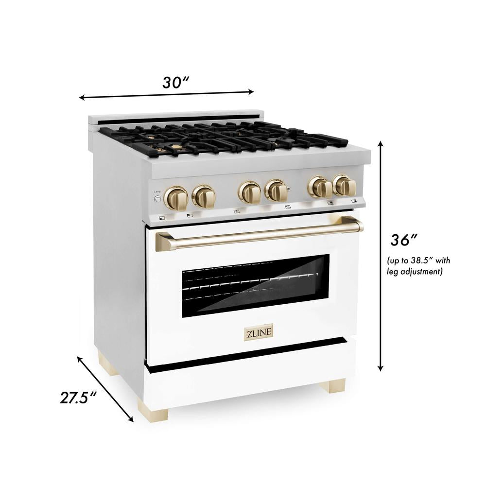 ZLINE Autograph Edition 30-inch Stainless Steel Dual Fuel Range with White Matte Door, Range Hood & Dishwasher - Polished Gold Accents (3AKP RAWMRHDWM30 G) | Premium Kitchen Package for Modern Homes & Gourmet Cooking