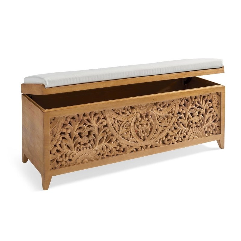 Hand Carved Indian Storage Bench - Wooden Entryway Bench with Storage, Boho Decor for Living Room, Bedroom & Hallway - Perfect for Shoe Storage, Blankets & Home Organization