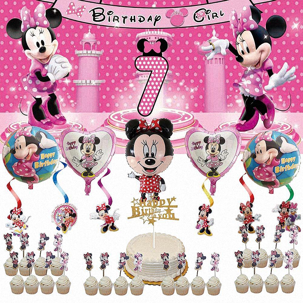 7th Minnie Birthday Decor Set for Girls - Party Backdrop & Balloons