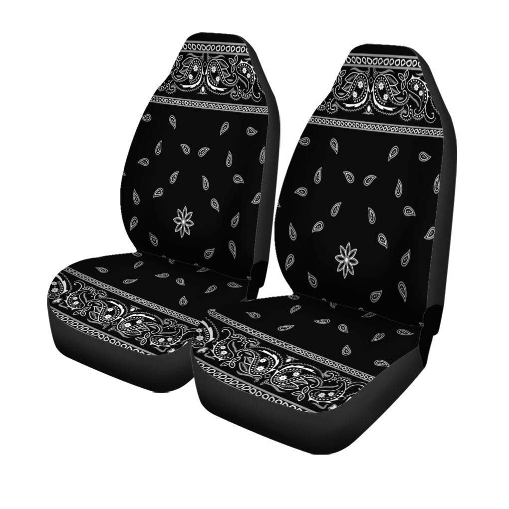 Universal Car Seat Covers Set of 2 - Colorful Paisley Black Pattern with Bandana Border Scarf Design - Auto Accessories Protectors for Cars, Trucks & SUVs - Perfect for Road Trips, Daily Commute & Vehicle Decoration
