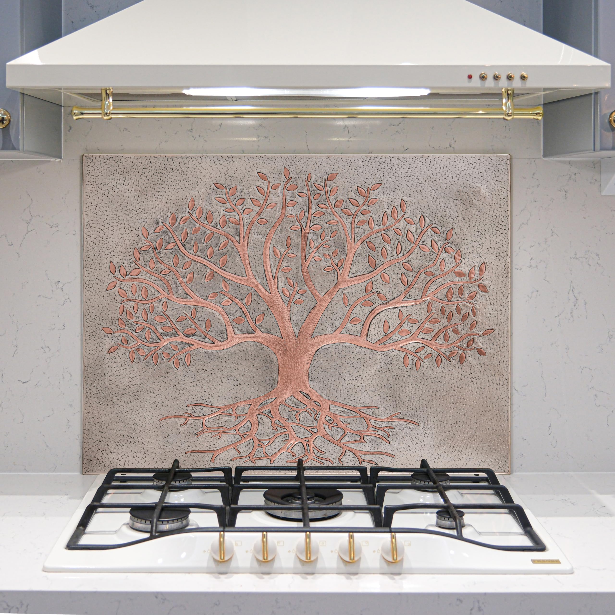 Handmade Copper Kitchen Backsplash Tiles - Tree of Life Design with Roots, Custom Stove Splashback Panel for Indoor & Outdoor Wall Decor (Gray & Copper) | Perfect for Farmhouse, Rustic, and Modern Kitchen Renovations