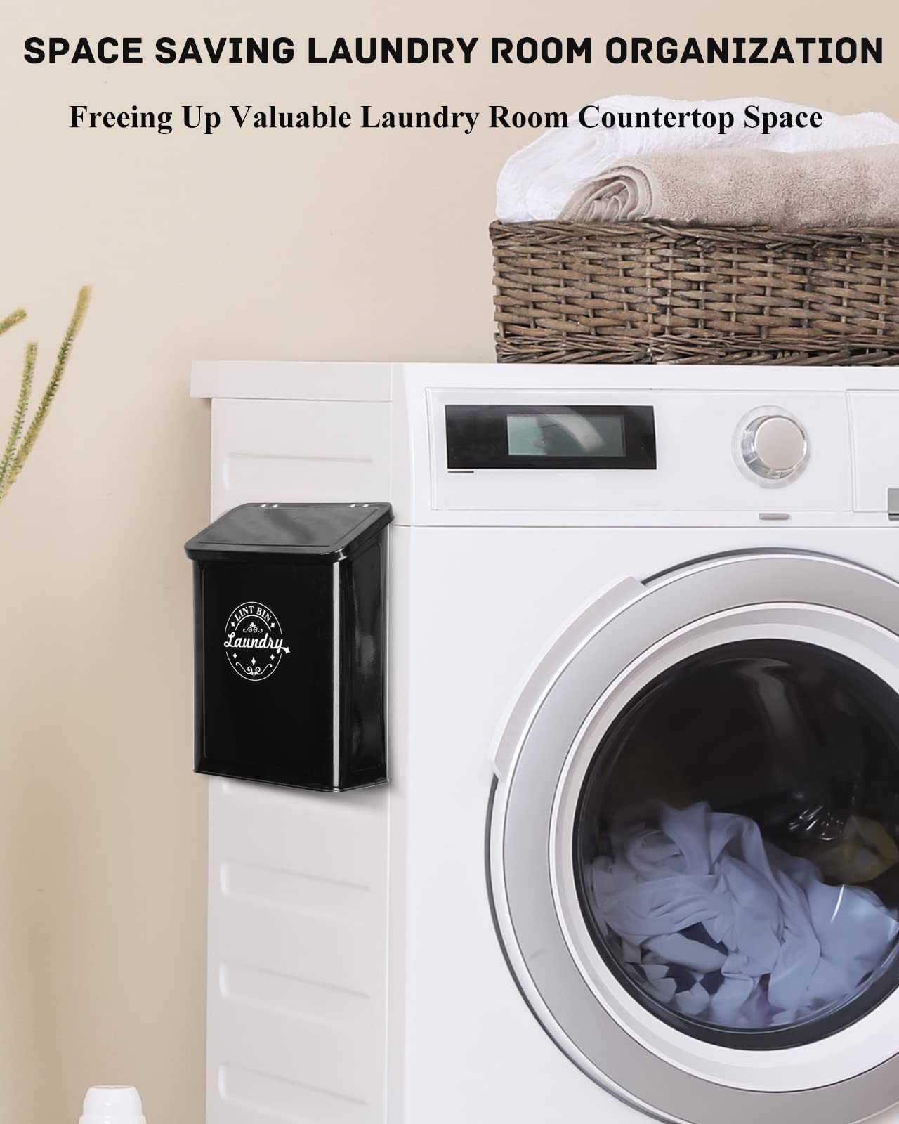 Magnetic Lint Bin with Brush - Wall Mounted Laundry Lint Catcher for Dryer, Space Saving Laundry Room Organizer & Storage - Perfect for Laundry Room Decor & Clothes Dryer Maintenance (Black)