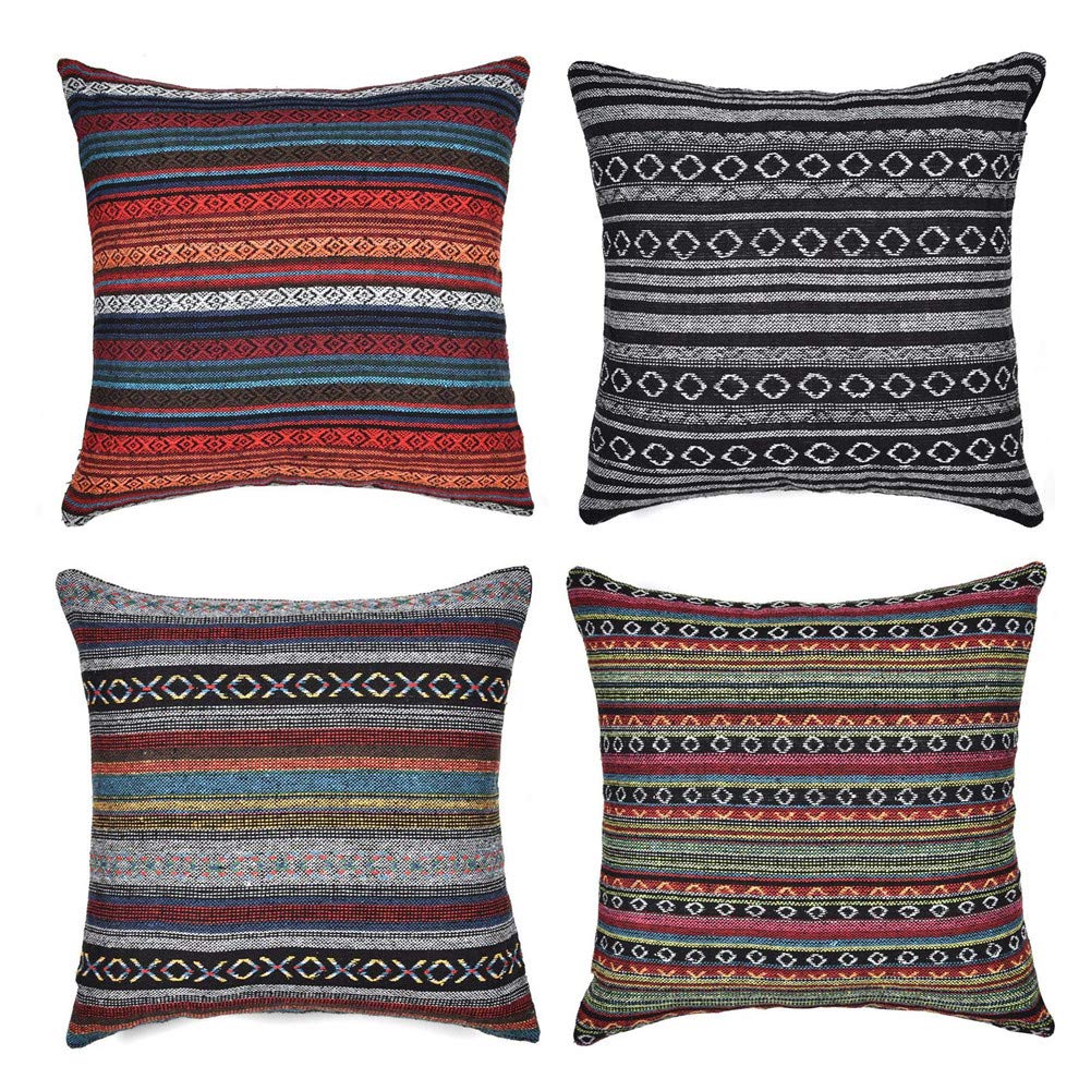 Freeas Set of 4 Bohemian Retro Stripe Decorative Throw Pillow Covers - Cotton Linen Blend Couch Sofa Bed Pillowcases for Living Room, Bedroom & Home Decor