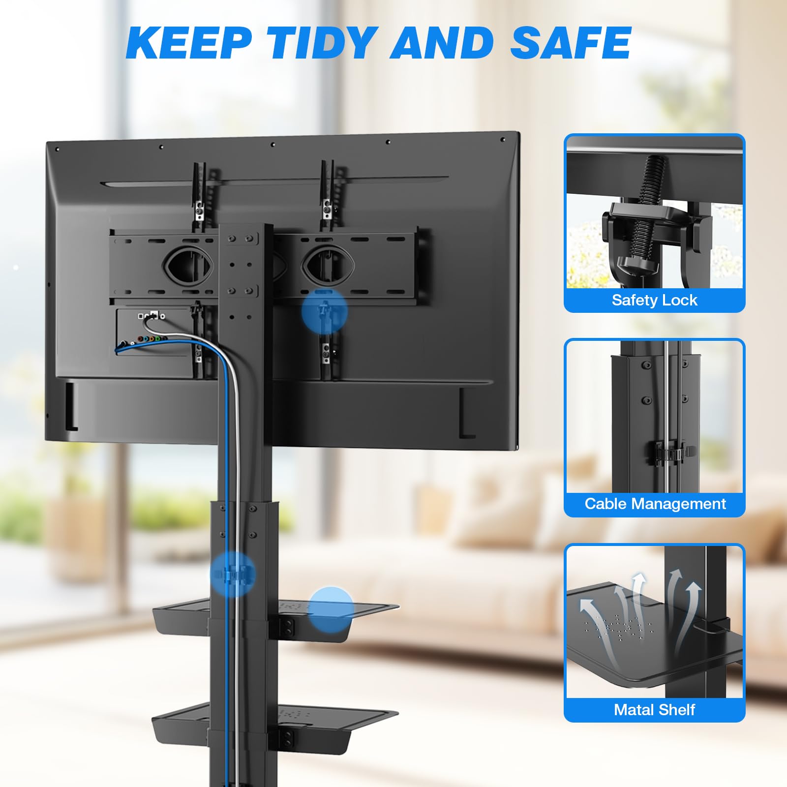 Rfiver Mobile TV Cart Rolling Stand for 40-75 Inch Flat/Curved TVs - Heavy Duty Floor TV Stand with Swivel Mount (110 lbs Capacity) - Height Adjustable Wheels for Living Room, Bedroom & Office Use