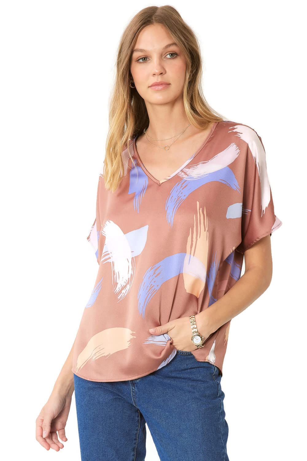Entro Women's Abstract Print V-Neck Tunic Top - Brown | Flowy Casual Blouse for Work, Date Night & Everyday Wear