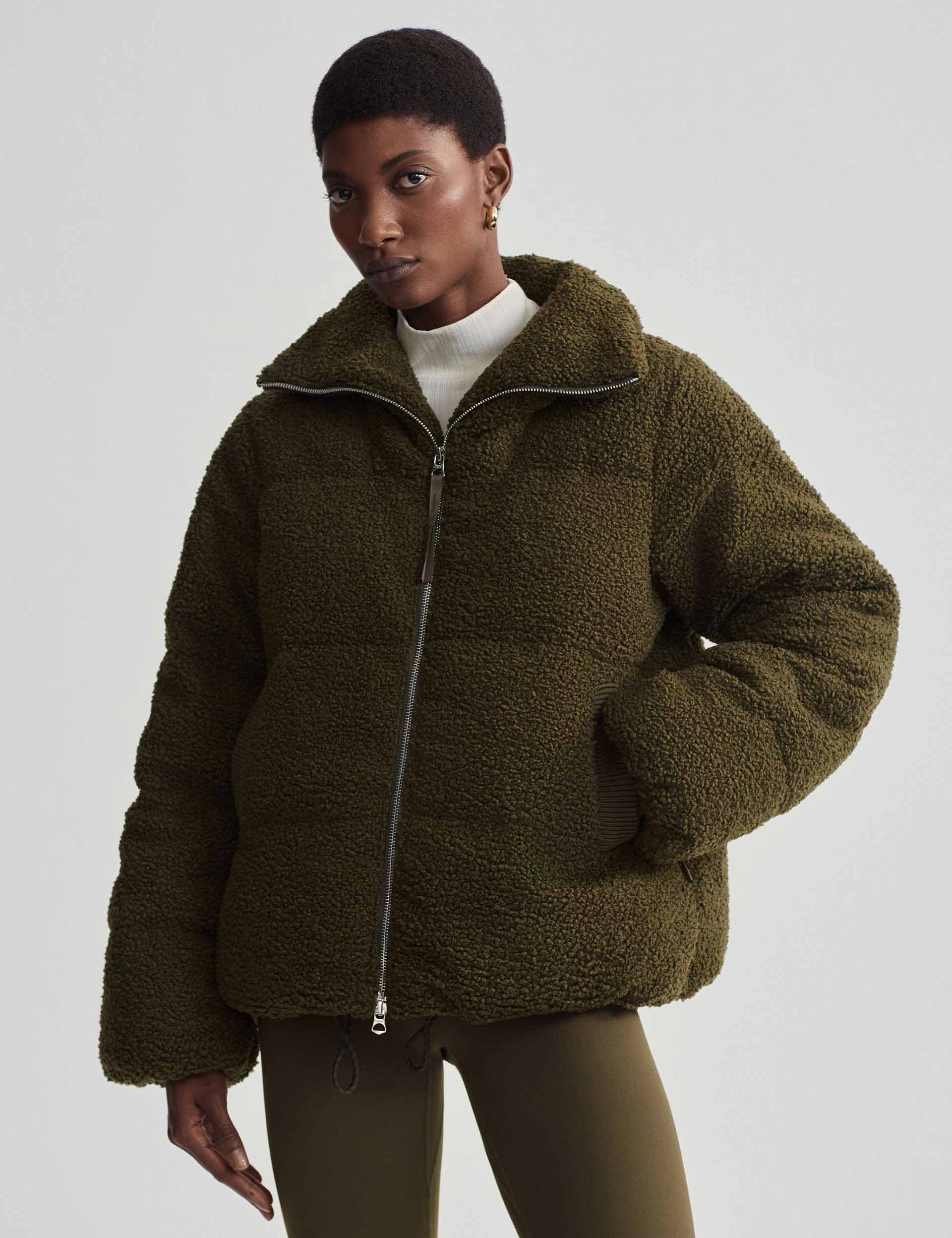 Wilkins Sherpa Puffer Jacket for Women - Warm Winter Coat, Dark Olive Green, Fleece Lined, Water Resistant - Perfect for Outdoor Activities, Hiking, and Cold Weather Fashion