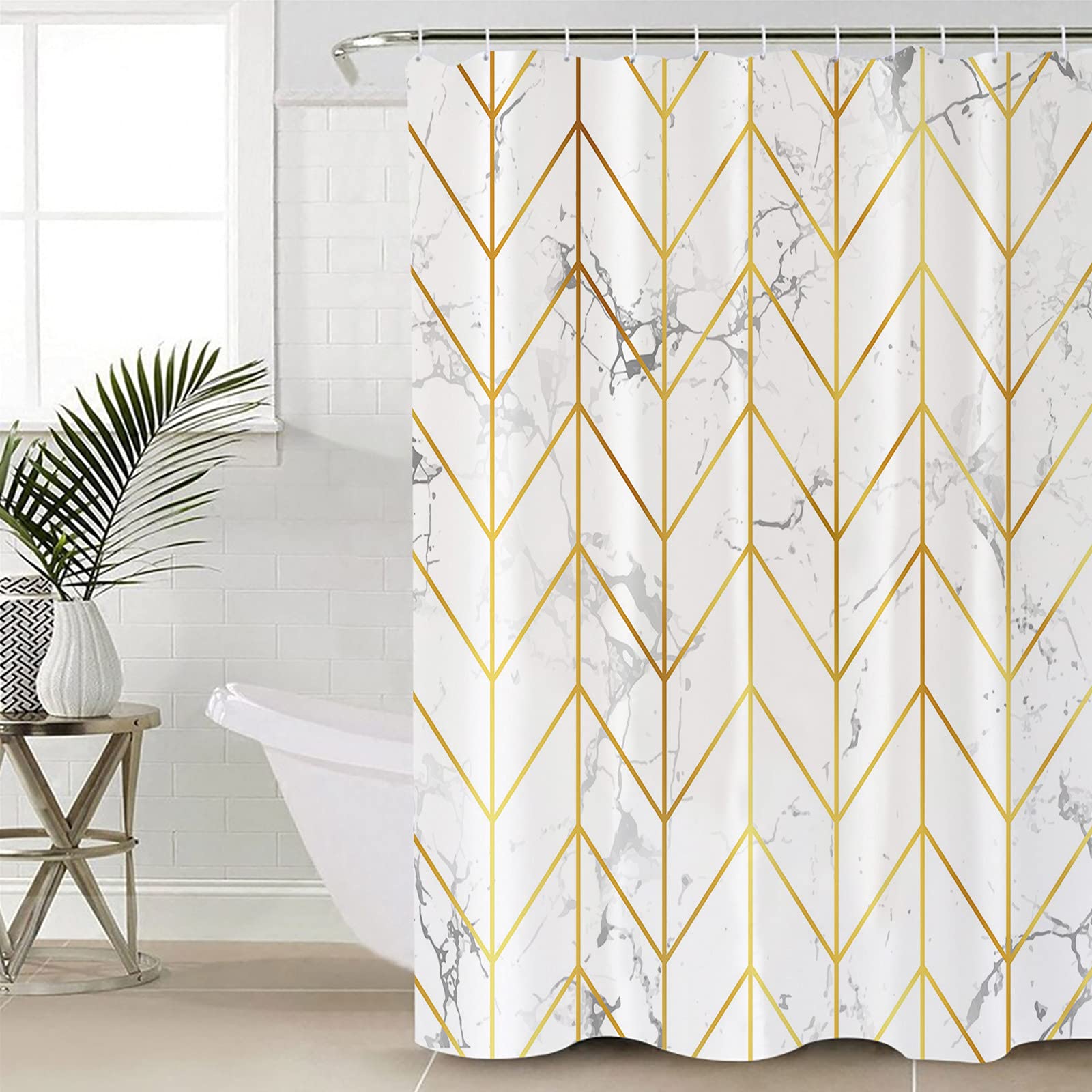 Marble Gold Geometric Chevron Waterproof Shower Curtain Set - 36 x 78 Inch Modern Bathroom Decor, Striped Abstract Polyester Fabric with 12 Hooks | Elegant Neutral Design for Bathroom, Guest Room & Spa Retreat