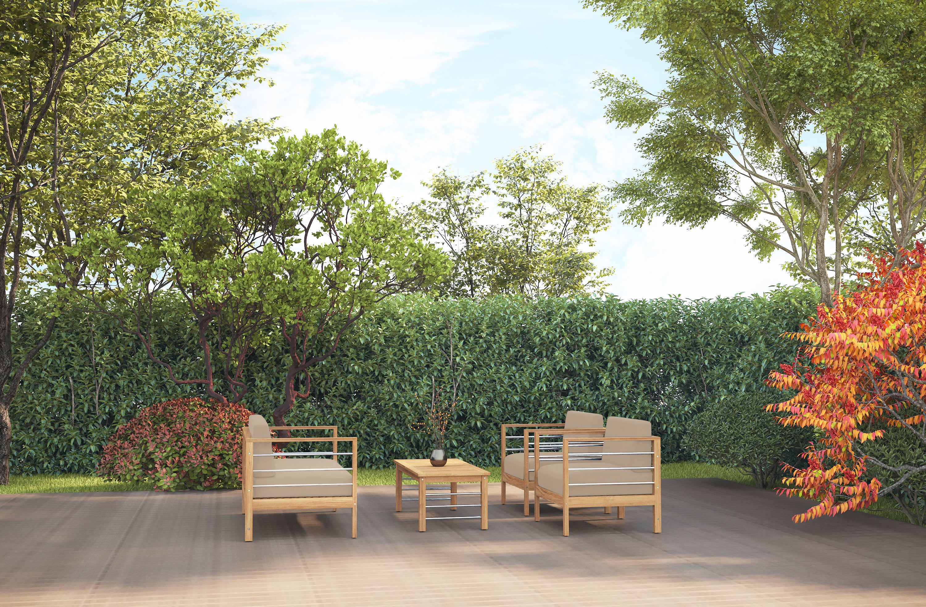 Leon 4-Piece Teak Outdoor Patio Deep Seating Set with Sunbrella Fawn Cushions – Durable All-Weather Furniture for Backyard, Garden & Poolside Relaxation