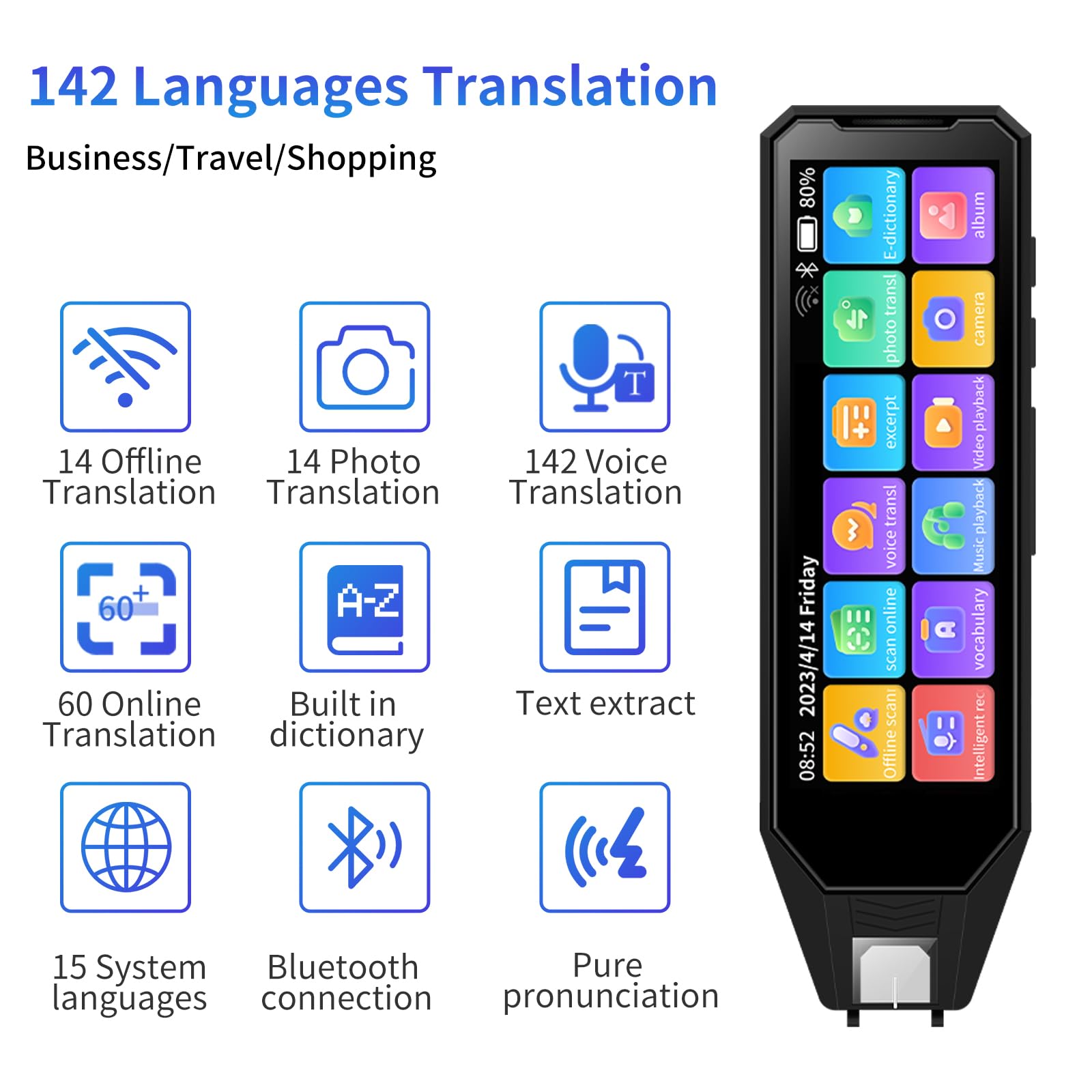 Multilingual Language Translator Pen - 142 Languages Real-Time Two-Way Translation Device with 4.58