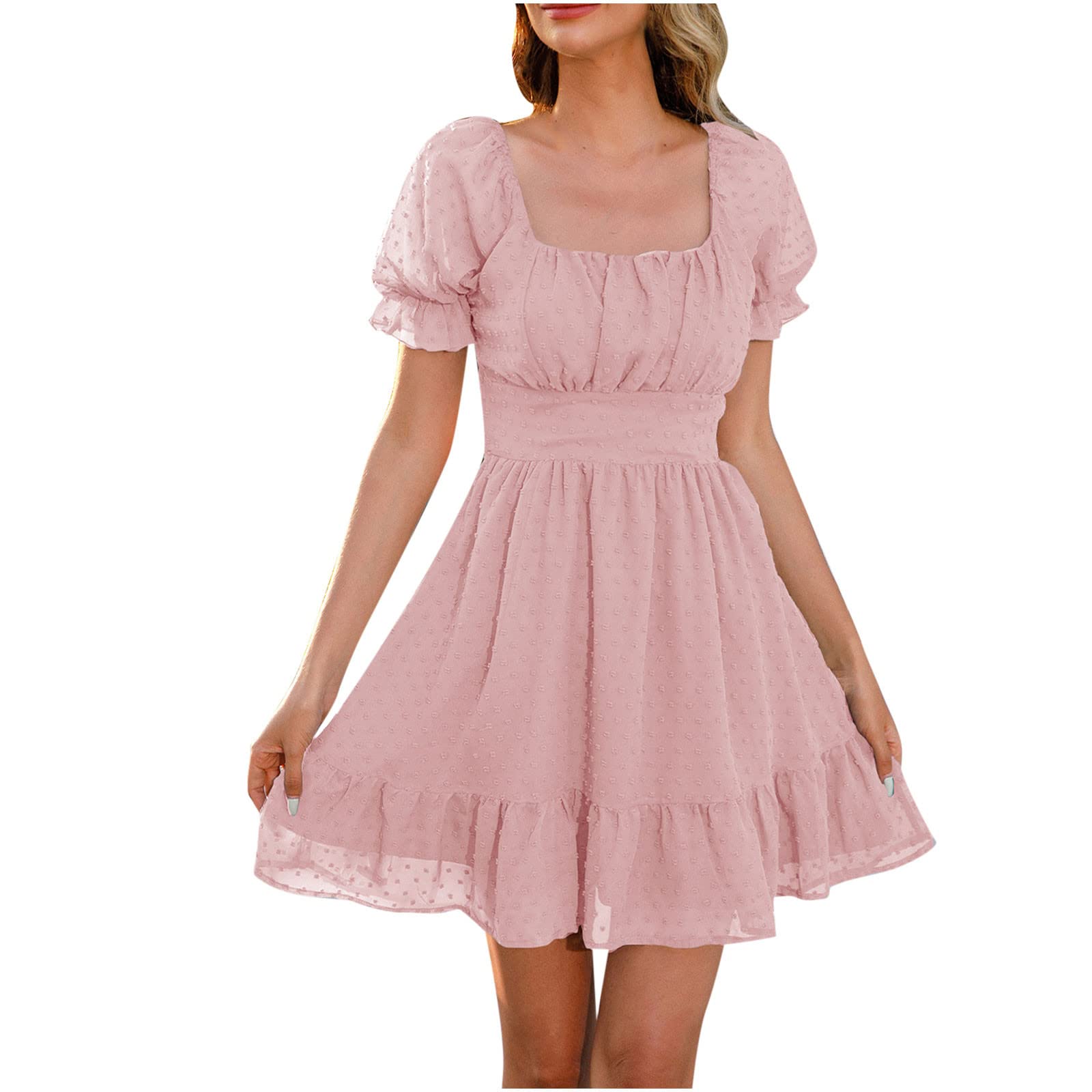 BOXIACEY Women's Summer Prom Dress - Elegant Square Collar Short Sleeve Mini Dress for Wedding Guest, Party & Casual Wear | Foldable Design for Easy Travel & Storage