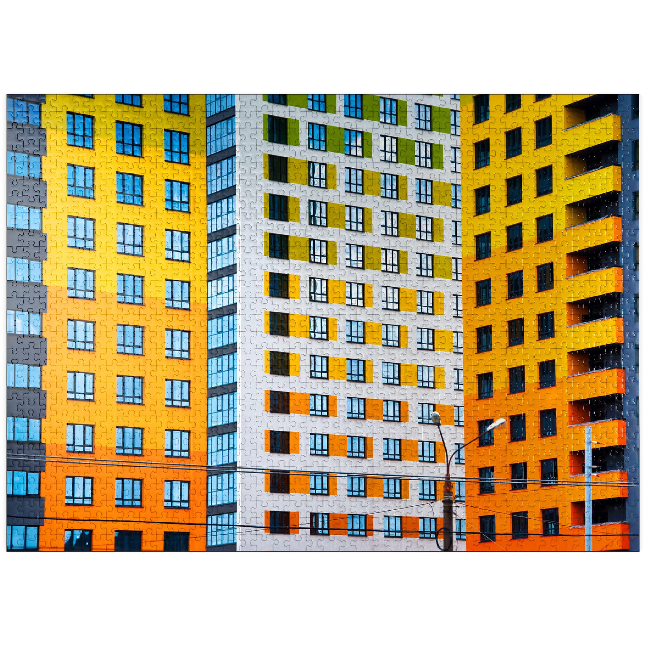 Modern Abstract Residential Building Puzzle with Vibrant Orange Windows - 1000 Piece Premium Jigsaw Made in USA - Perfect for Home Decor & Family Game Nights