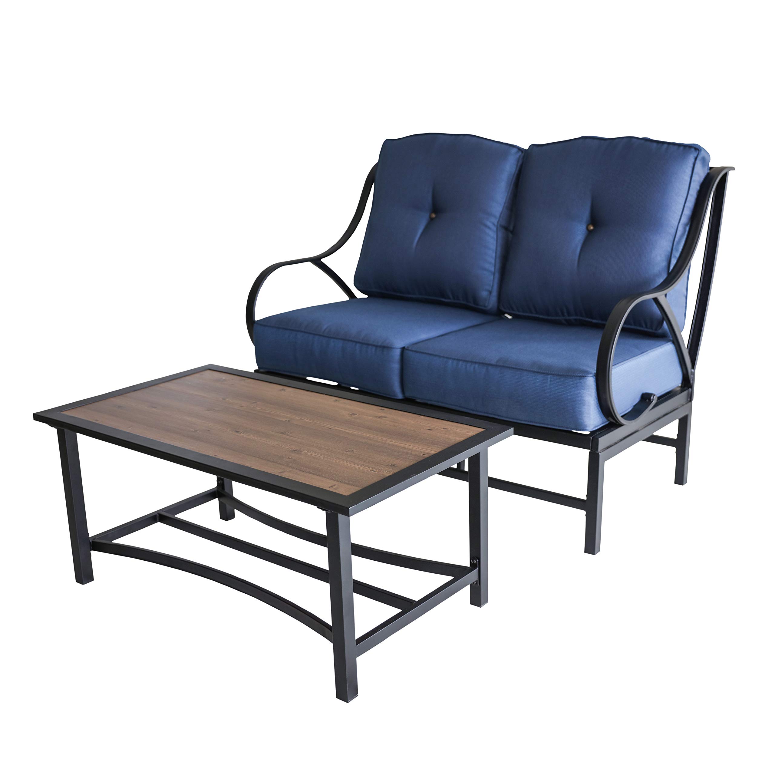 Modern Outdoor Loveseat Set with Coffee Table - 2-Piece Patio Furniture with Cushions, Metal Frame & Aluminum-Plastic Table - Perfect for Front Porch, Garden, Poolside & Backyard Relaxation (Blue)