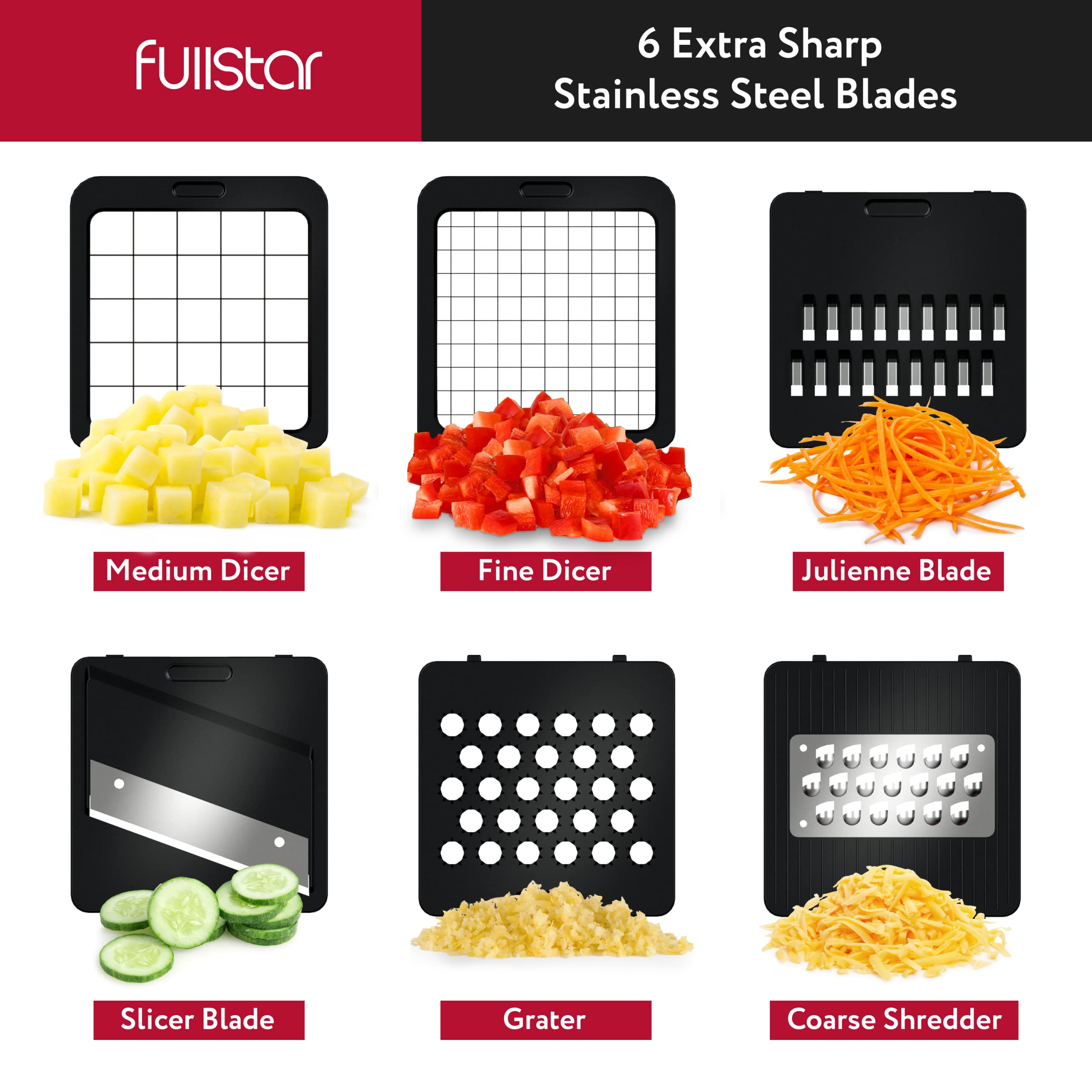 Fullstar 6-in-1 Vegetable Chopper & Mandoline Slicer with Cheese Grater - Food Chopper with Container - Kitchen Gadgets & Home Essentials (Black) - Perfect for Meal Prep, Salad Making & Quick Cooking