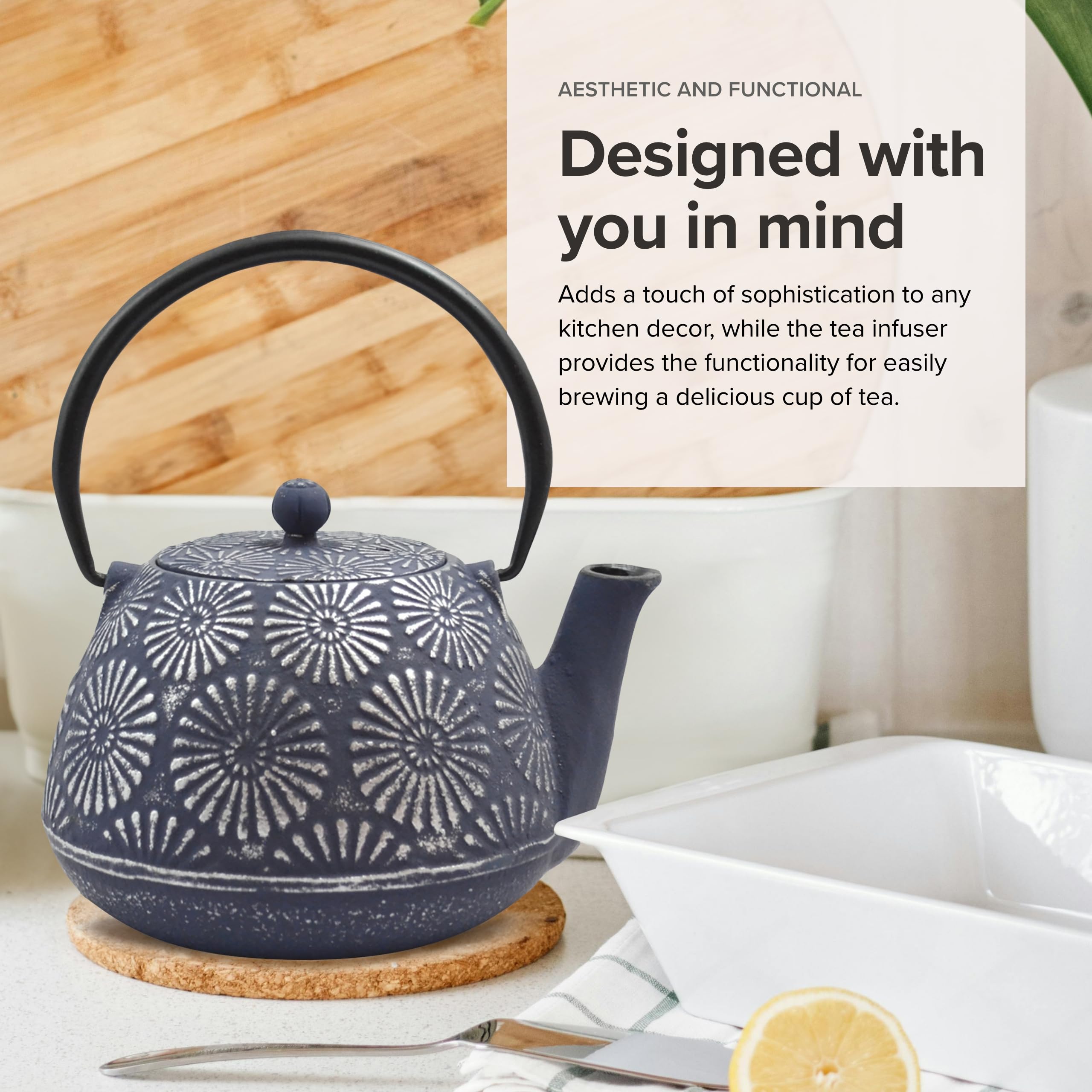 Frieling Hani Blue/Silver Cast Iron Teapot with Stainless Steel Infuser - 40 oz Japanese Style Tea Pot for Loose Leaf Tea - Perfect for Home, Office & Tea Ceremonies