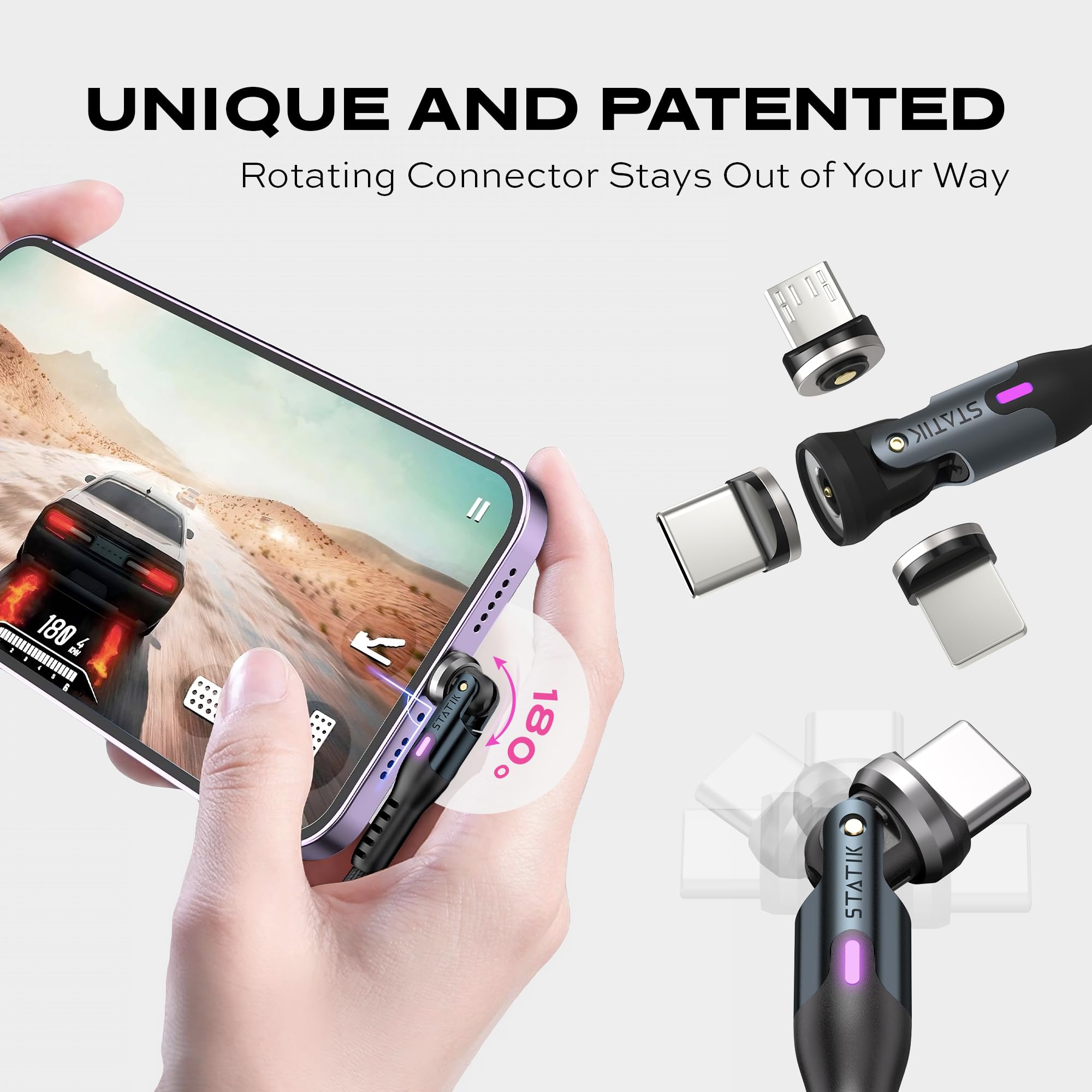 Statik 360 Rotating Magnetic Charging Cable - 6FT/2M Fast Charging USB C Cable with 3 Magnetic Tips (USB-C, Micro-USB, USB-A) for iPhone, Android, Smartphones - Perfect for Home, Office & Travel Use