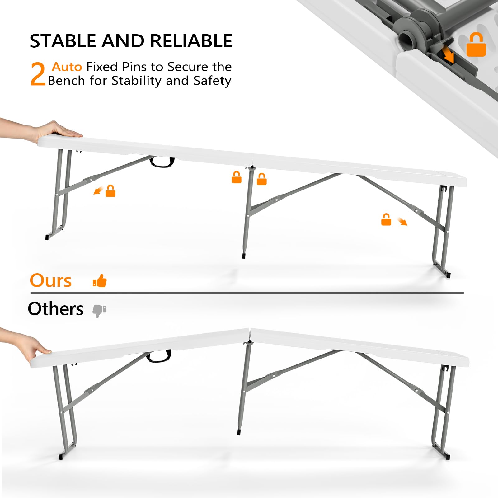 VINGLI 6ft White Plastic Folding Bench - Portable Indoor Outdoor Picnic Table for Camping, Dining, Garden & Soccer | Smooth HDPE Tabletop | Multipurpose Seat for Parties & Entertaining (1 Pack) - Perfect for Backyard BBQs, Beach Trips & Tailgating