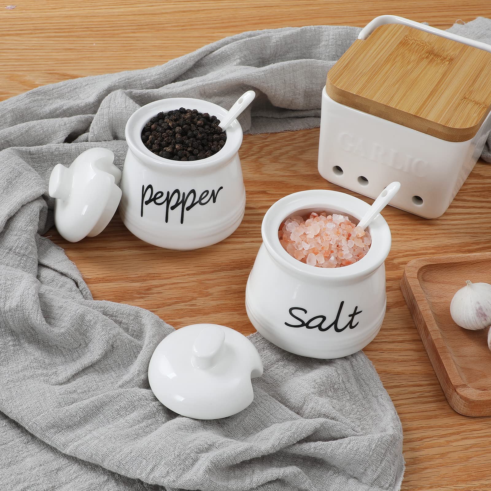 ONTUBE 12oz Ceramic Salt and Pepper Shakers with Lid & Spoon - Airtight Spice Containers for Kitchen, Dining Table, and Restaurant Use (White)