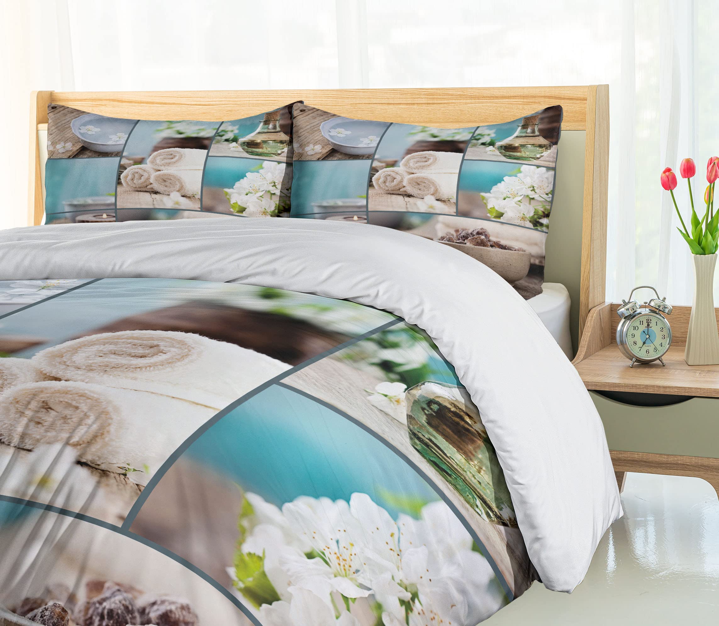Ambesonne Spa Duvet Cover Set - Far East Massage Theme with Oils, Candles & Flowers Print - 3 Piece King Size Bedding Set (Duvet Cover + 2 Pillow Shams) - Blue & White Decorative Design - Perfect for Relaxing Spa Nights & Asian-Inspired Bedroom Decor
