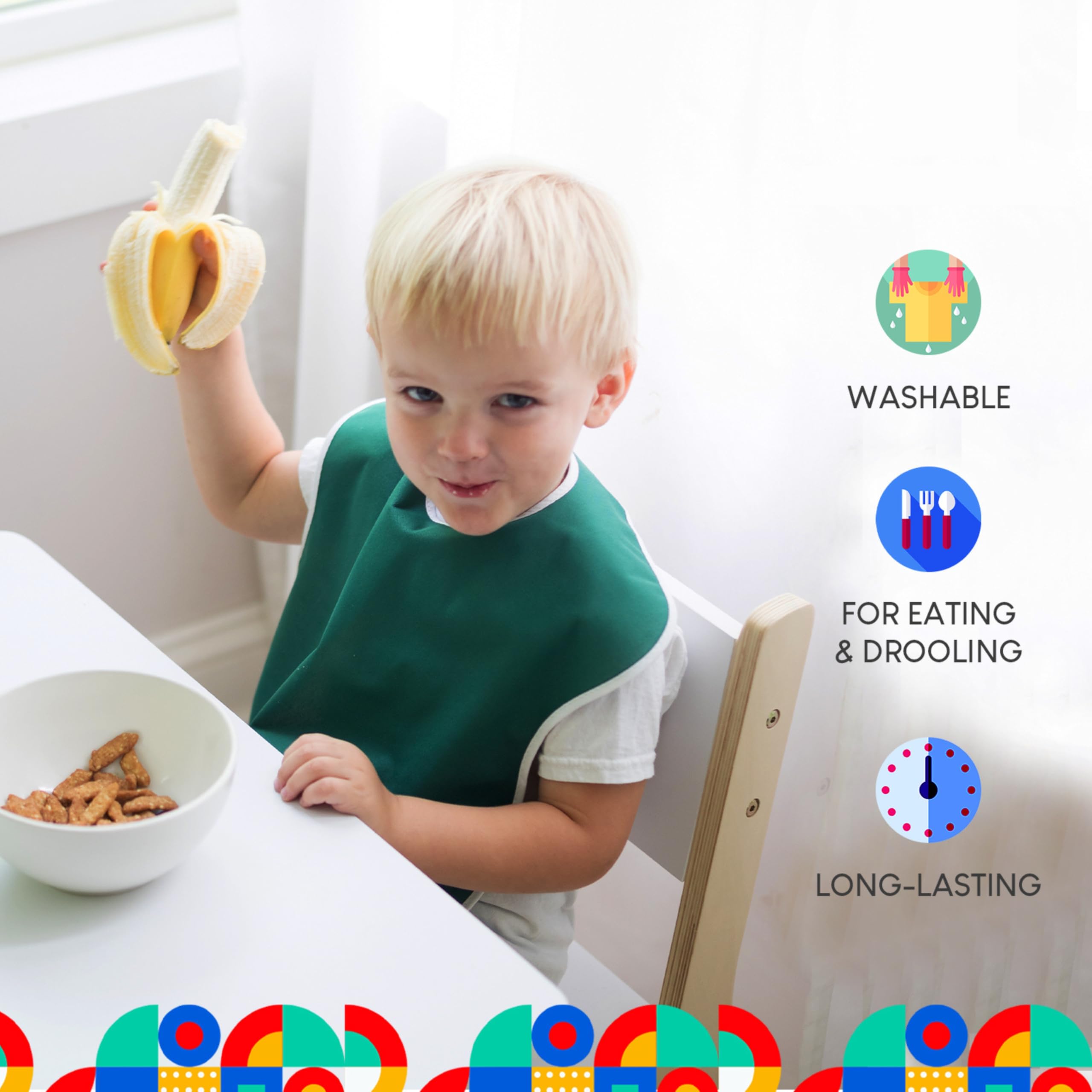 Toppy Toddler Large Waterproof Baby Bibs with Snap Buttons - 3 Pack for Boys & Girls 1-4 Years | Soft & Durable Drool & Food Protection for Mealtime, Daycare & Travel
